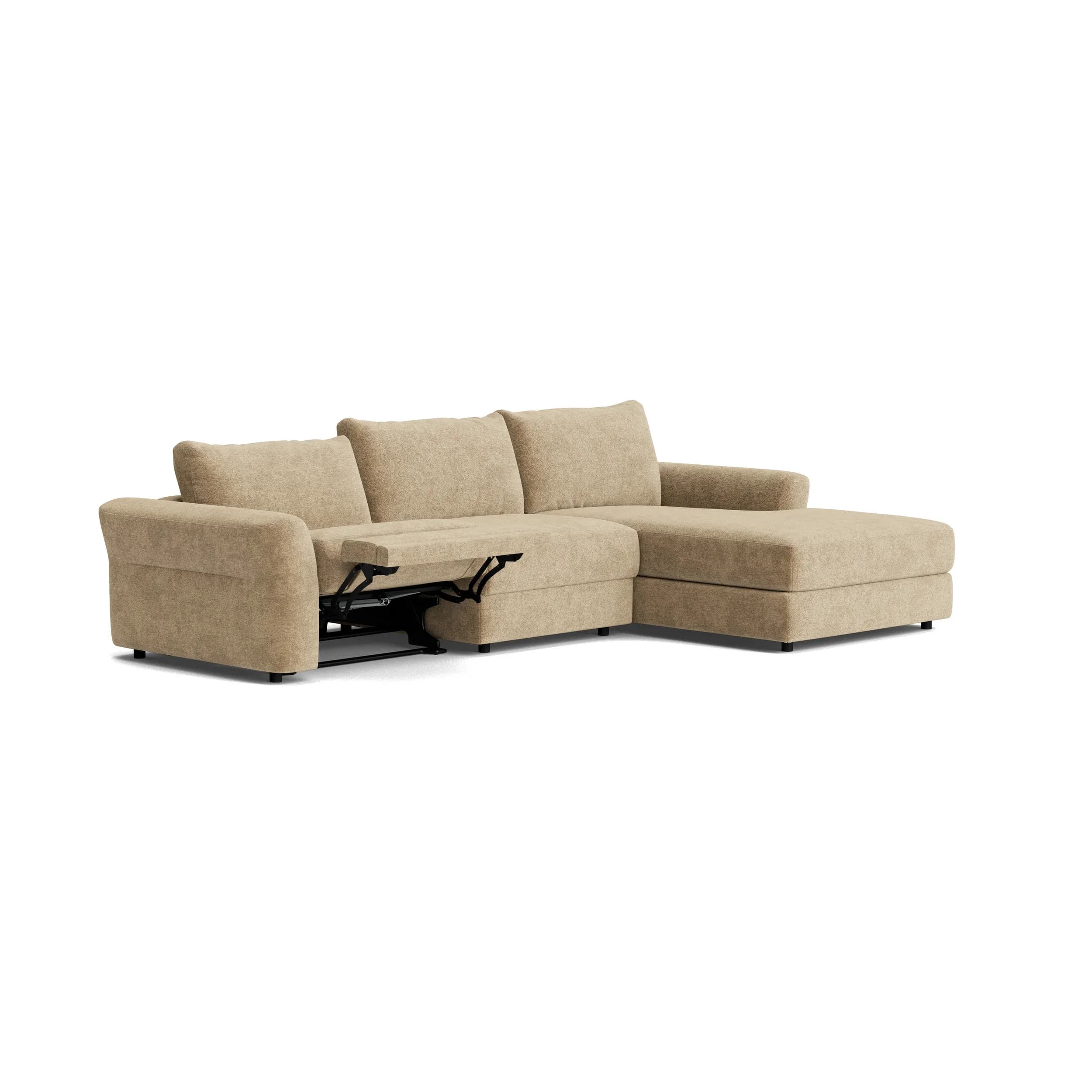 Ecksofa Almeria - 2-Sitzer mit Longchair rechts inkl. 1 Relaxfunktion motorisch, Stoff, Hellbraun