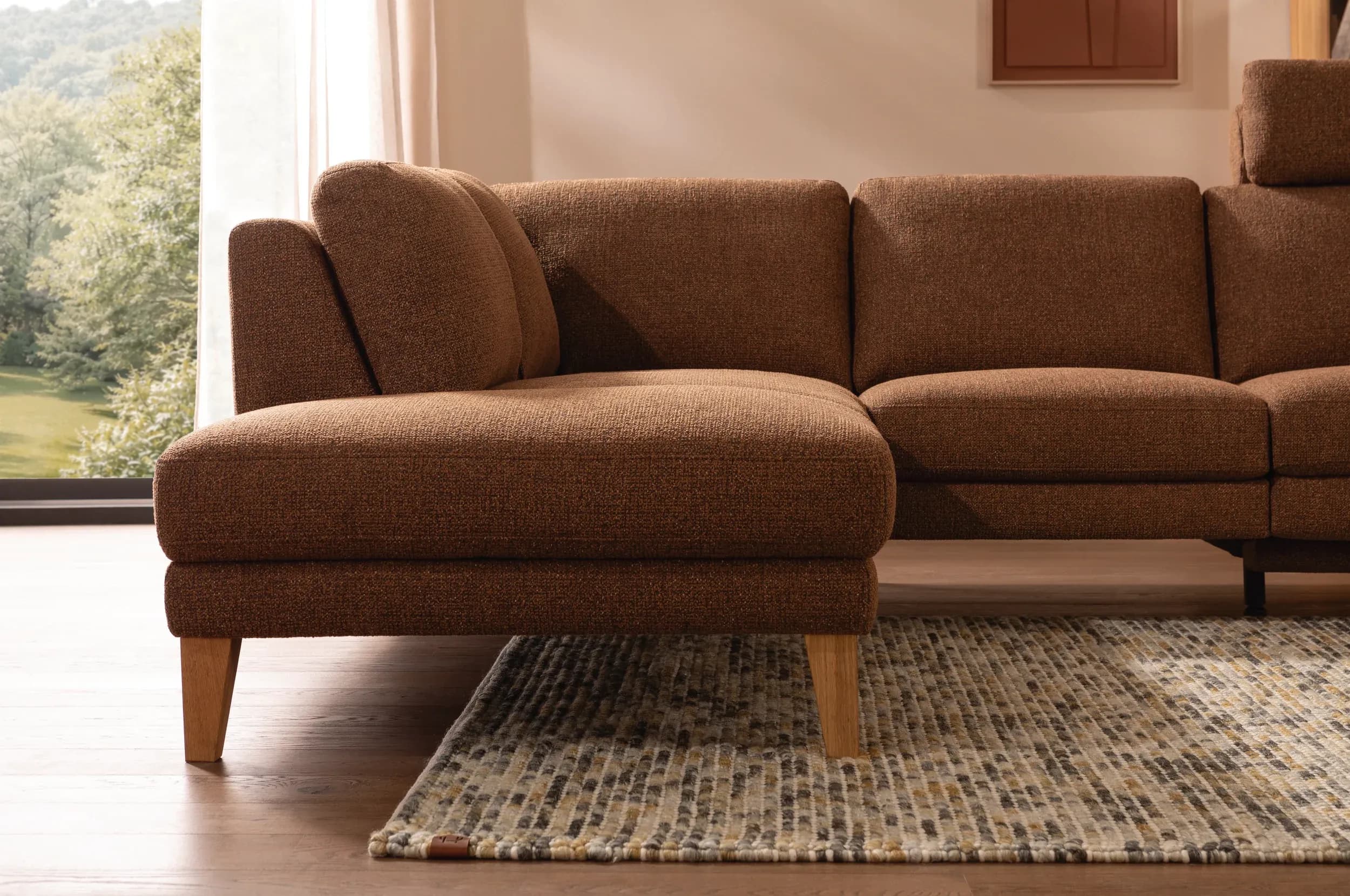 Ecksofa Rockport A - Ecke links mit 2,5-Sitzer, inkl. Relaxfunktion (motorisch), Sitzauszug (motorisch) und Armlehne klappbar, Stoff, Caramel