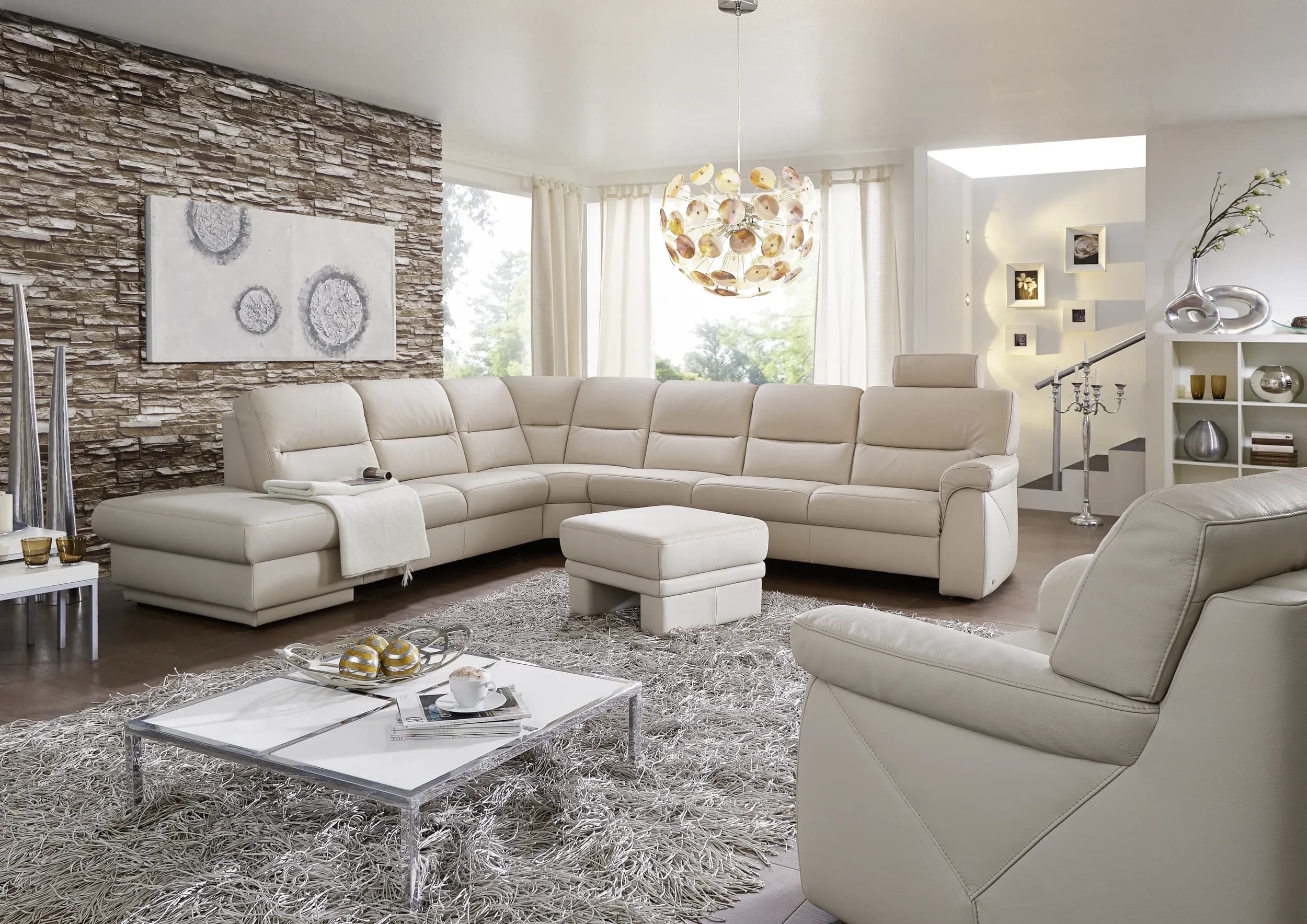 Wohnlandschaft EM St. Gallen - Hocker links, Relax-Eckteil, 3-Sitzer rechts, Leder, Natur