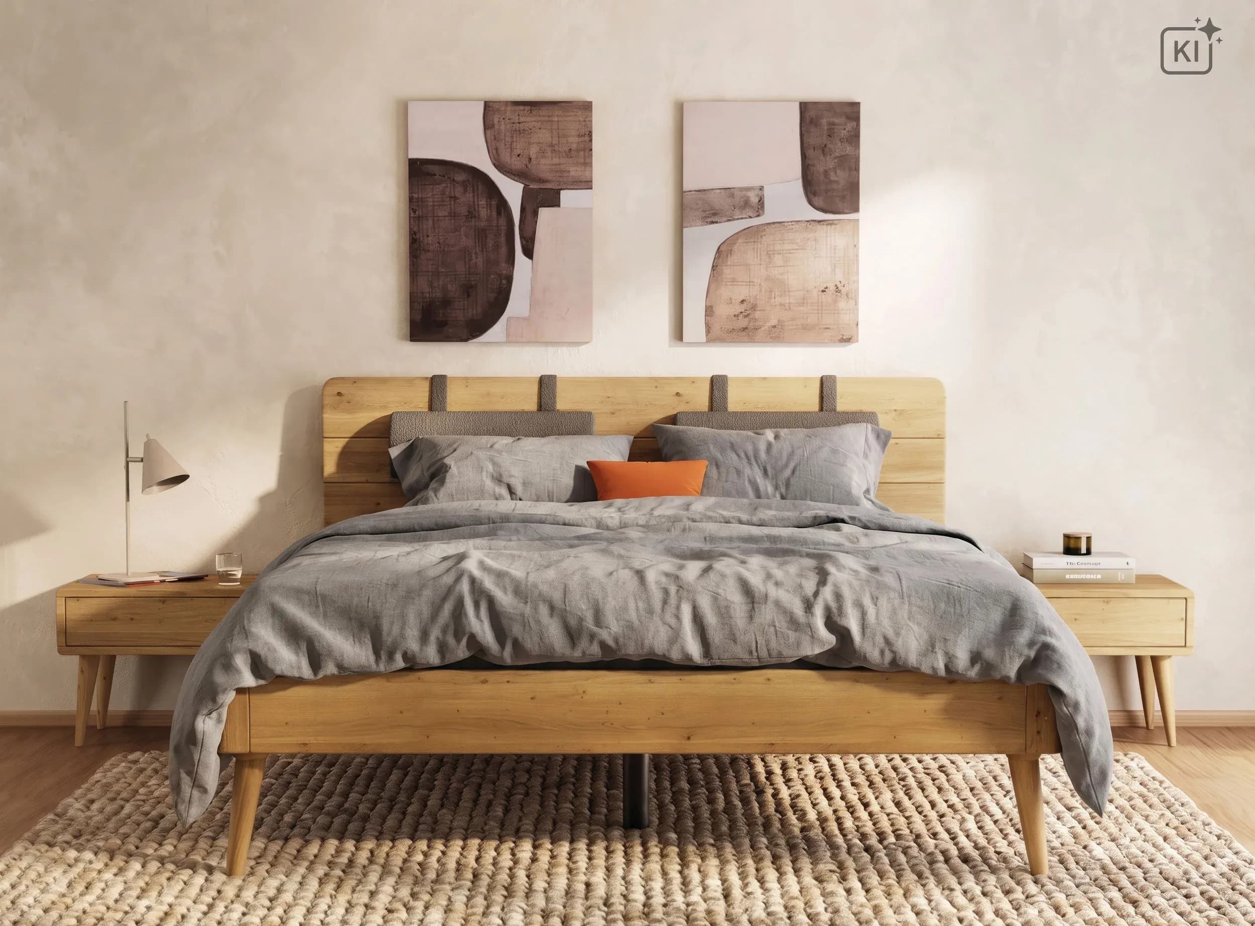 Bettgestell Fjella - Liegefläche ca. 180x200 cm, Hängekissen braun, Wildeiche massiv bianco
