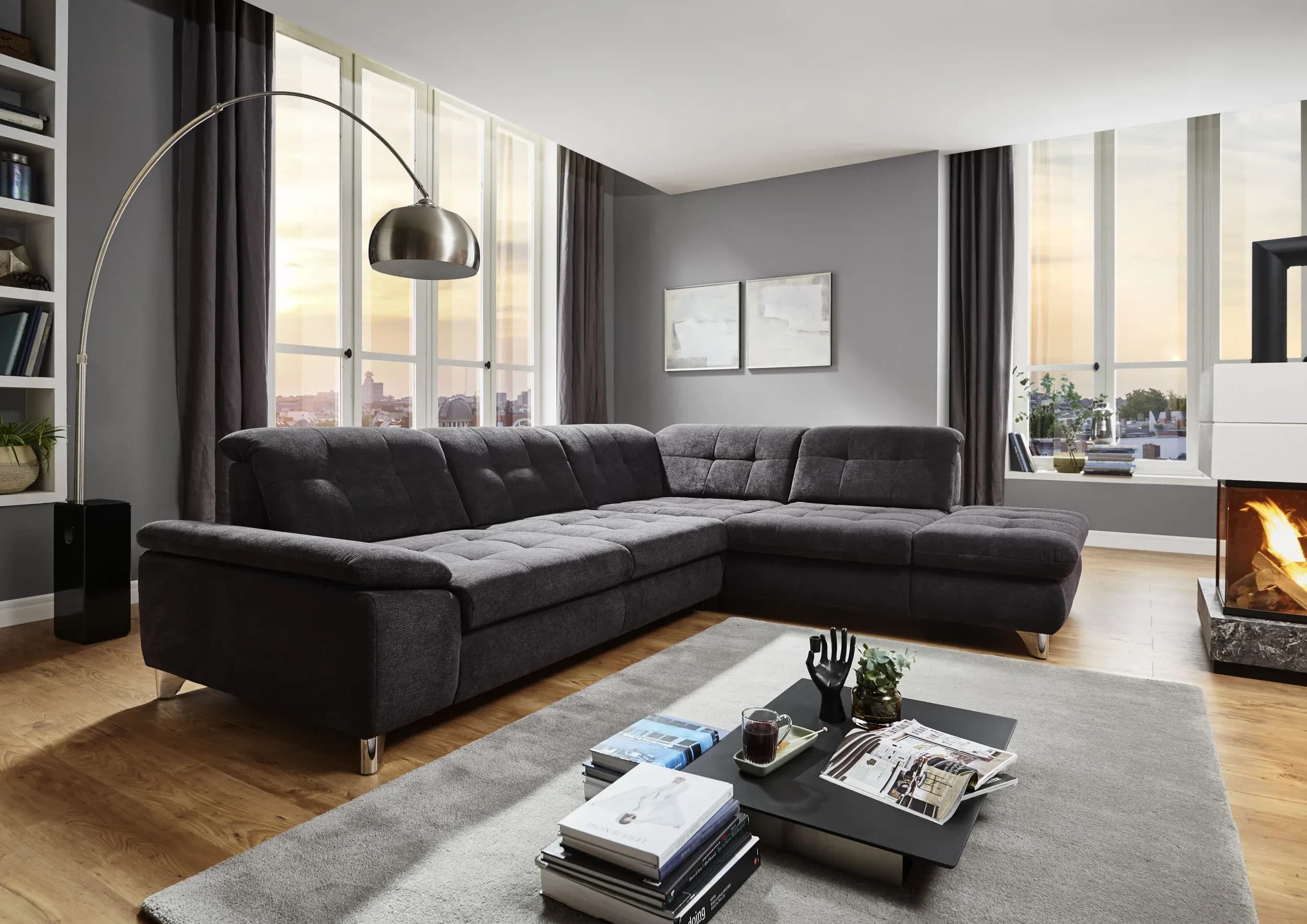Ecksofa - 3-Sitzer mit Ecke rechts, Sitztiefe verstellbar, Stoff, Schwarz