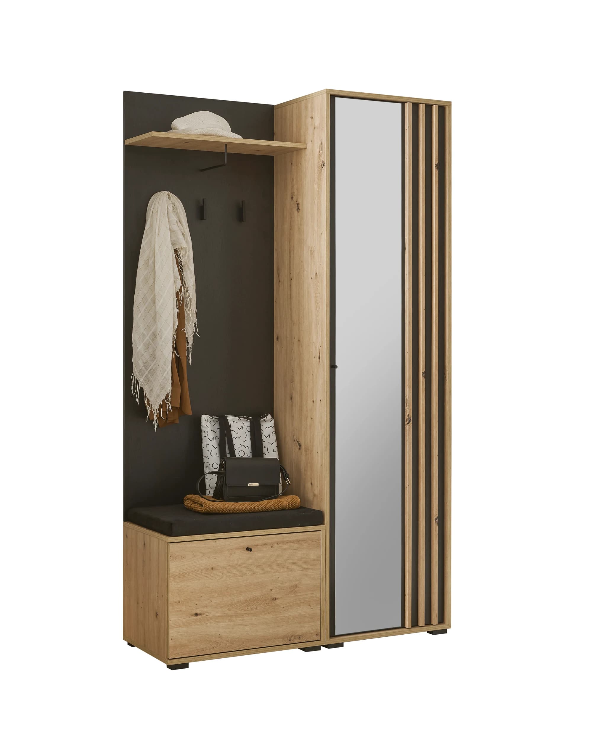 Kompaktgarderobe- Eiche Dekor, Schwarz