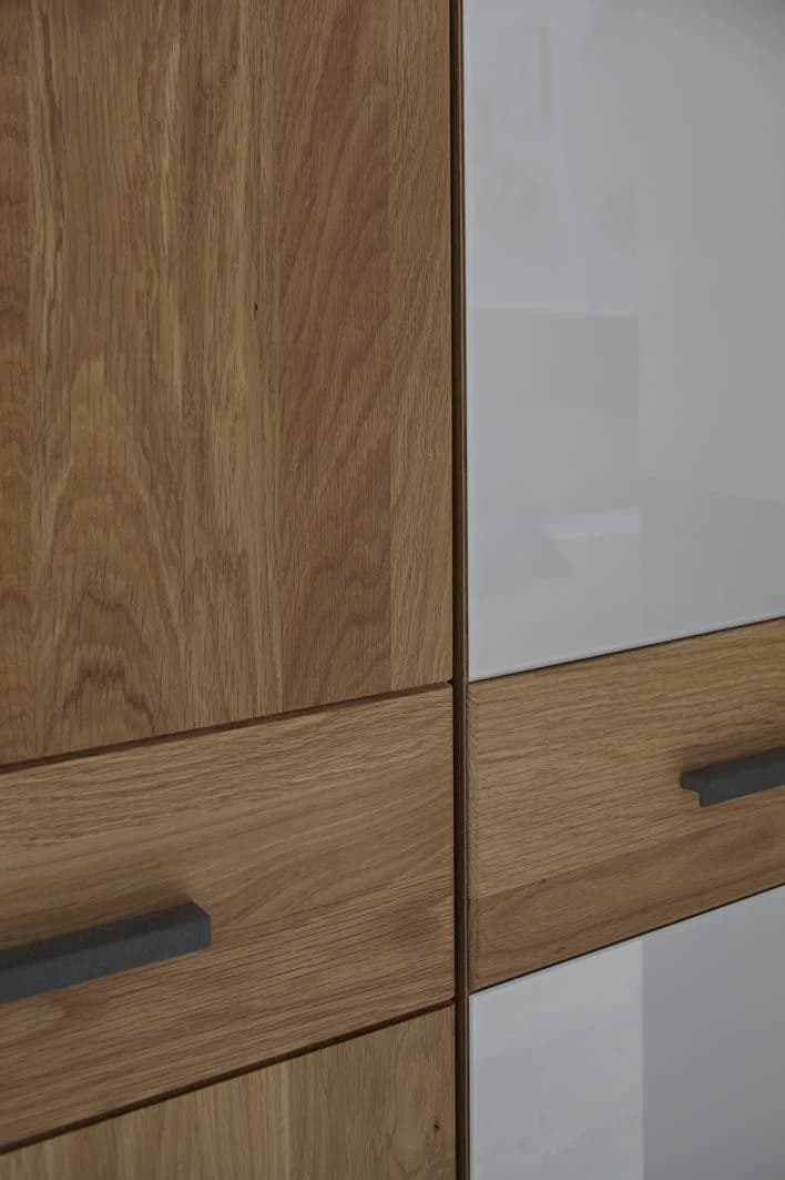 Drehtürenschrank Lenoso - B. ca. 306 cm, Eiche massiv, Glas, Champagner