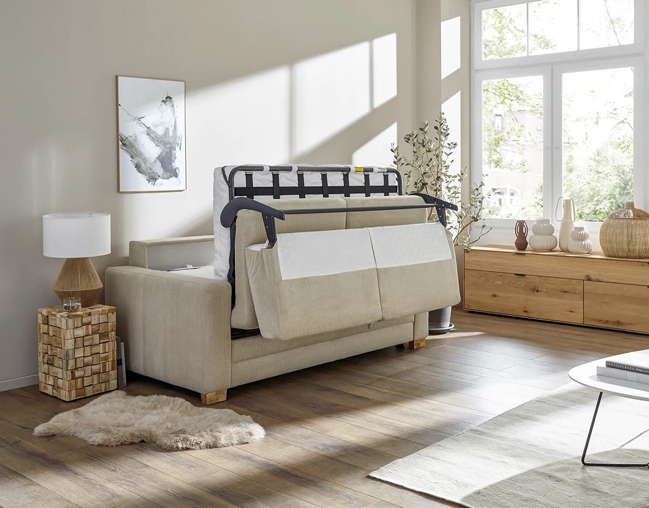 Sofa Lakeville 1 - 2-Sitzer inkl. Schlaffunktion, Gestell Schwarz, Stoff, Beige