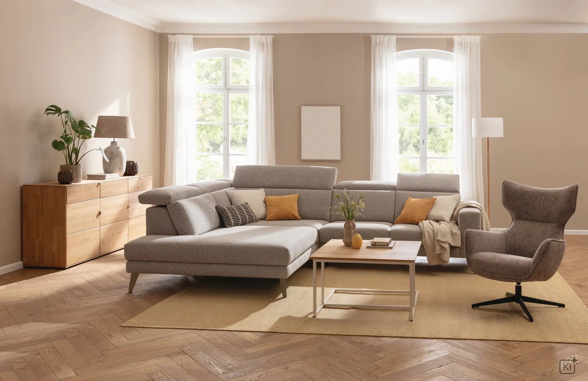 Ecksofa Braska - Loungecke links mit 2,5-Sitzer rechts, inkl. Sitzauszug (motorisch) und Kopfstütze, Stoff, Kaschmir