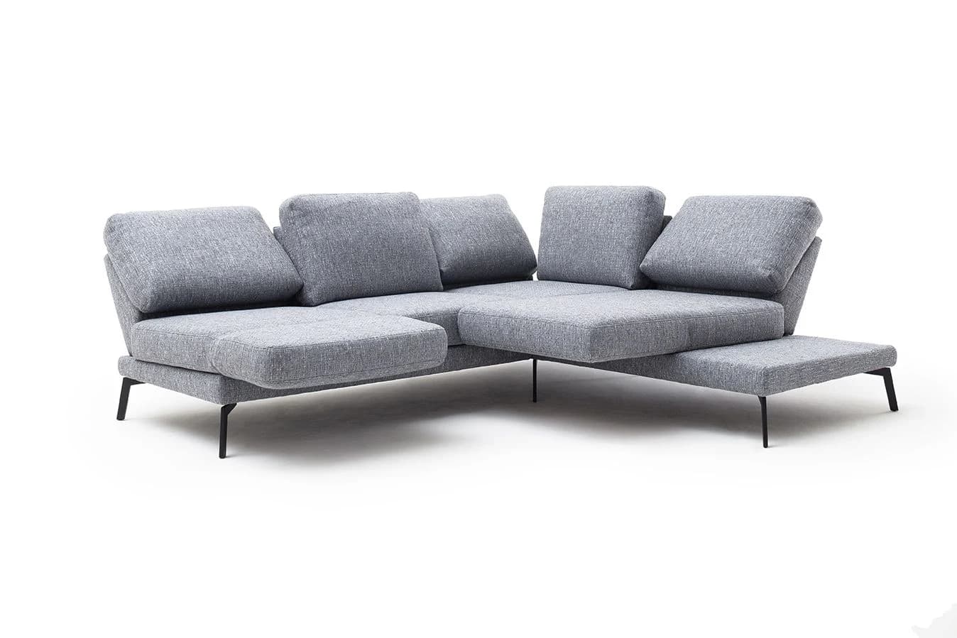 Ecksofa - 2-Sitzer mit Ecke rechts, Rückenlehne/Armlehne verstellbar (manuell), Drehsitz (manuell), Flachgewebe, Graublau