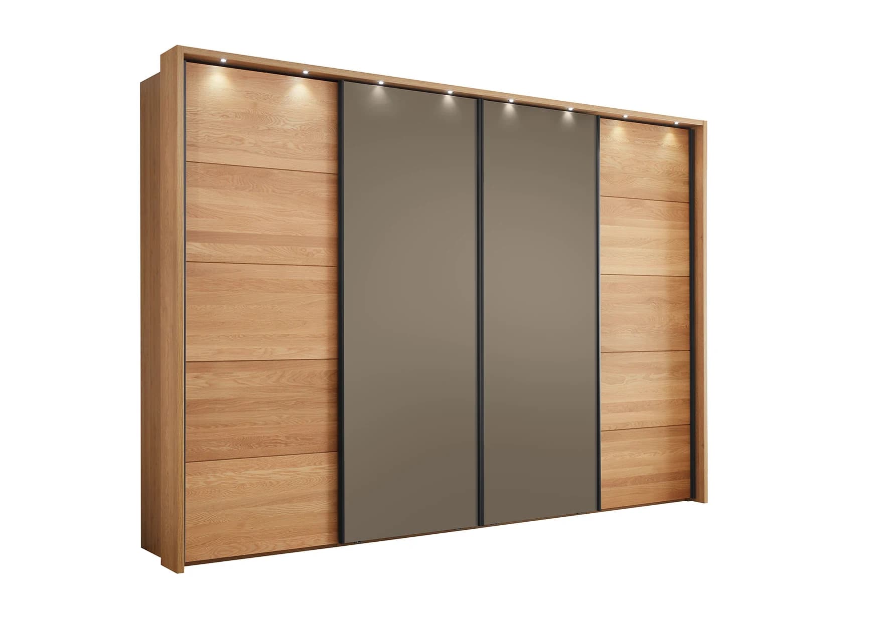 Schwebetürenschrank Lenoso - B. ca. 340 cm, Eiche massiv, Glas, Graubraun