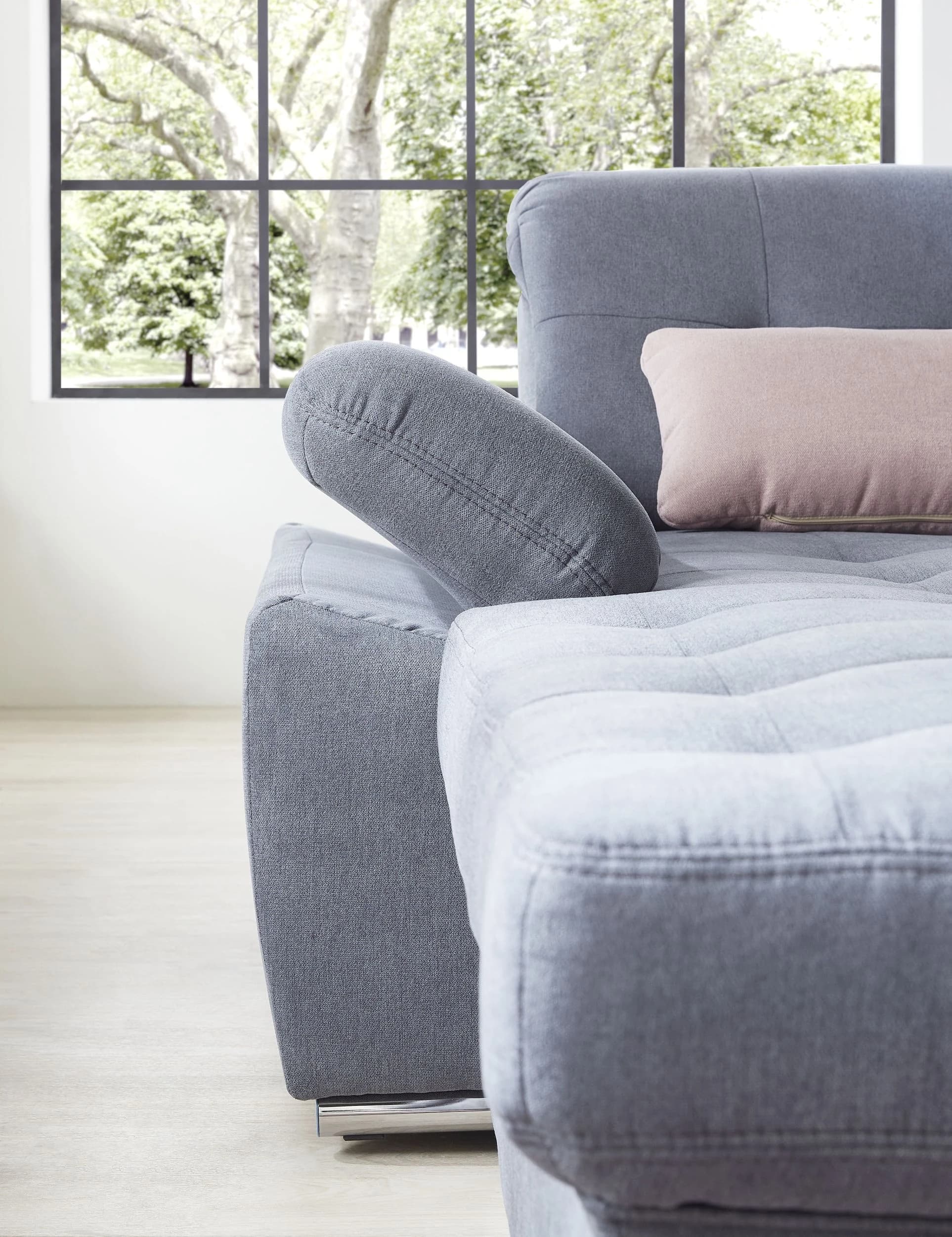 Wohnlandschaft - Longchair links, 3-Sitzer, Ecke rechts inkl. Kopfteilverstellung, Armteilverstellung in Flachgewebe blaugrau