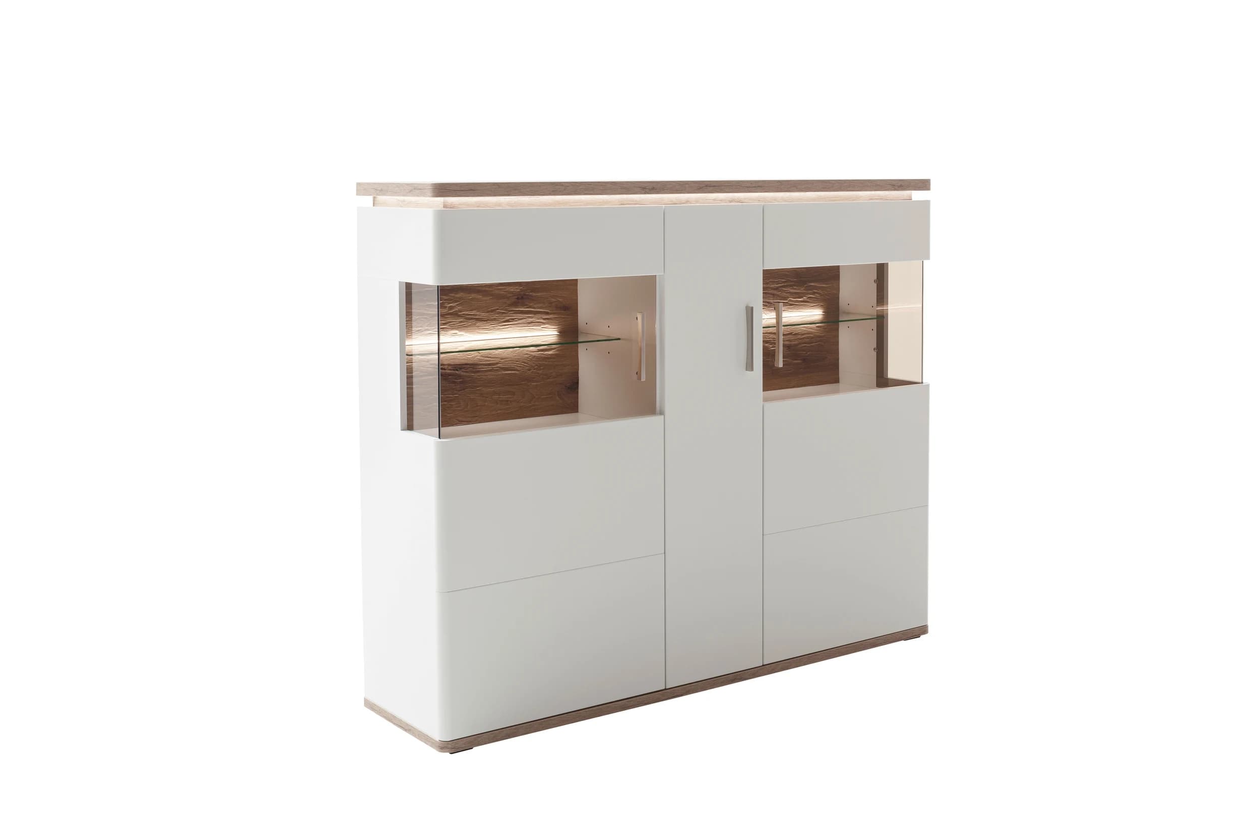 Highboard mit Beleuchtung - Weiß, Absetzung Eiche