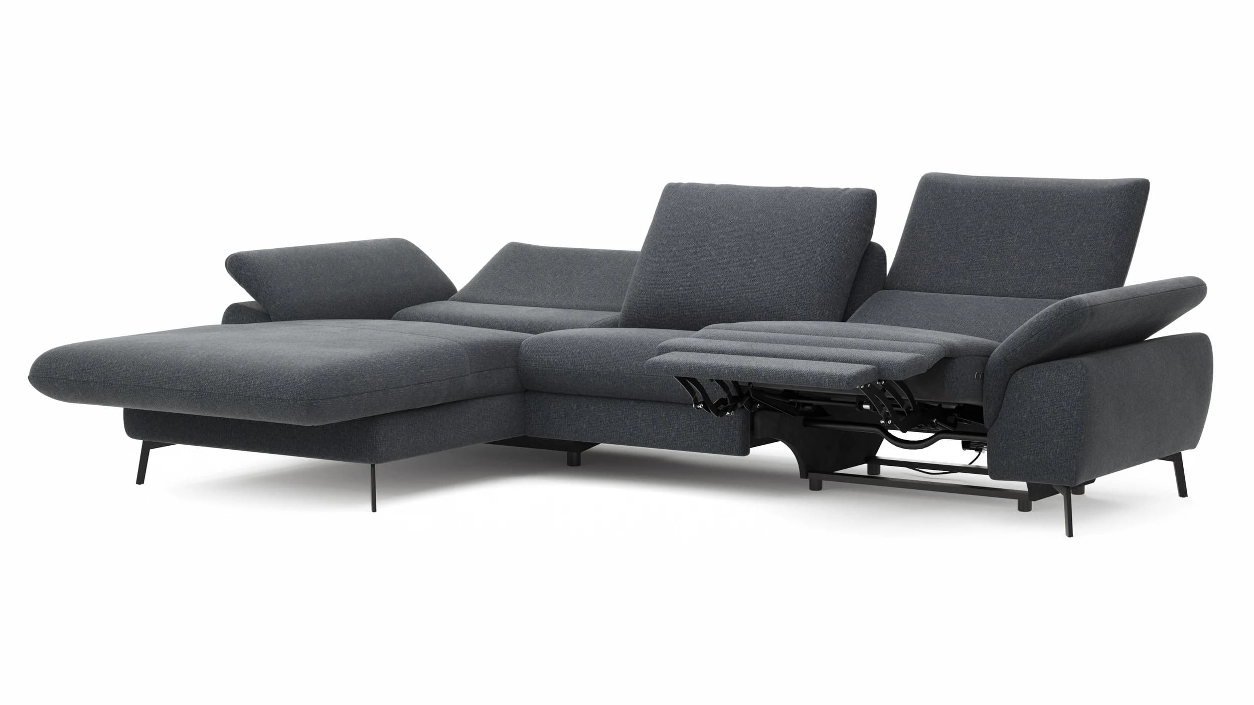 Ecksofa Gotera - Longchair groß mit 1,5-Sitzer med + 1,5-Sitzer med rechts inkl. Schlaffunktion (teilmotorisch), Armlehne klappbar, Rückenlehne verstellbar  und einmal Relaxfunktion (teilmotorisch), Stoff, Anthrazit