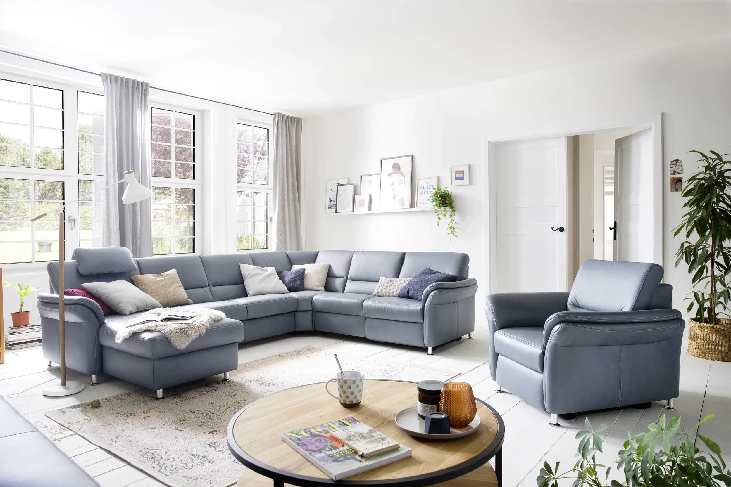 Wohnlandschaft - Longchair links mit 2,5-Sitzer und Ecke rechts, Leder, Granit