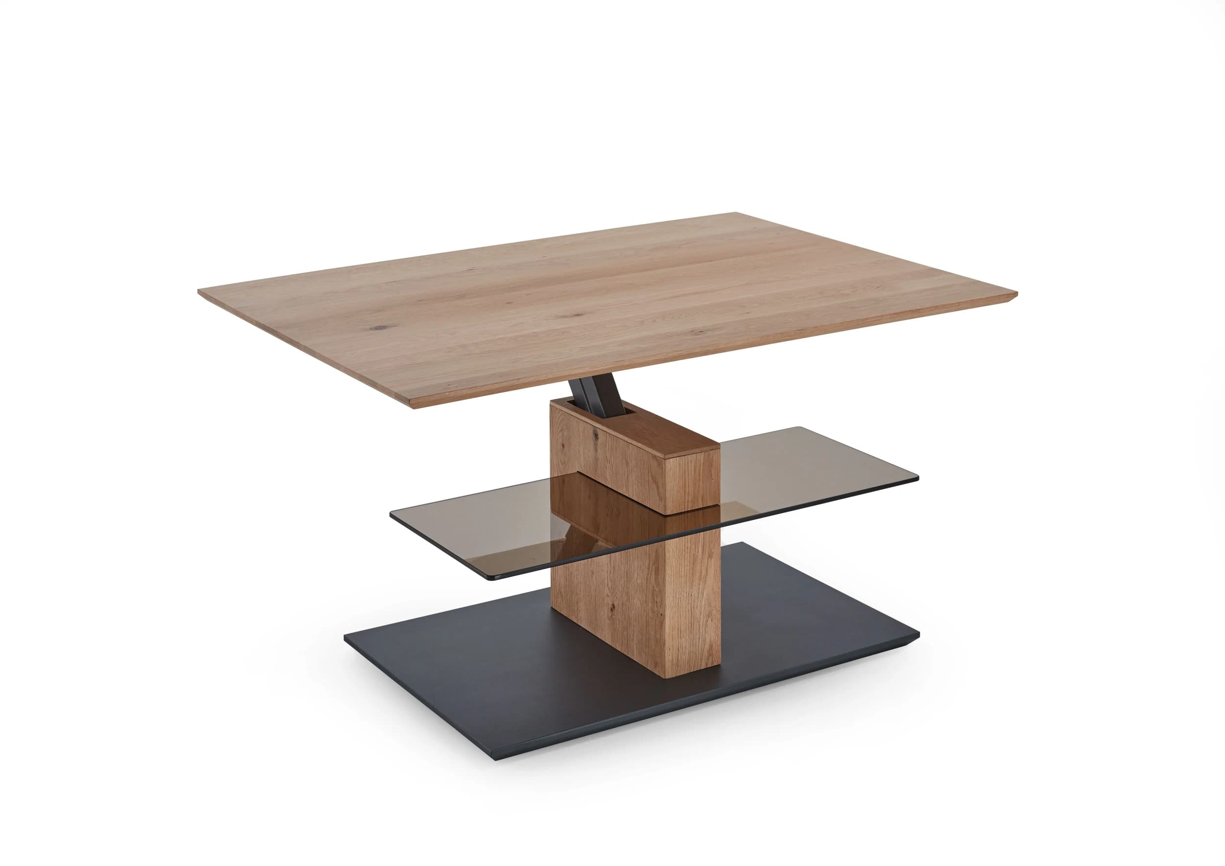 Couchtisch - höhenverstellbar LBH110x80x47(62) cm, Kerneiche Umato massiv, Glas, Bronze