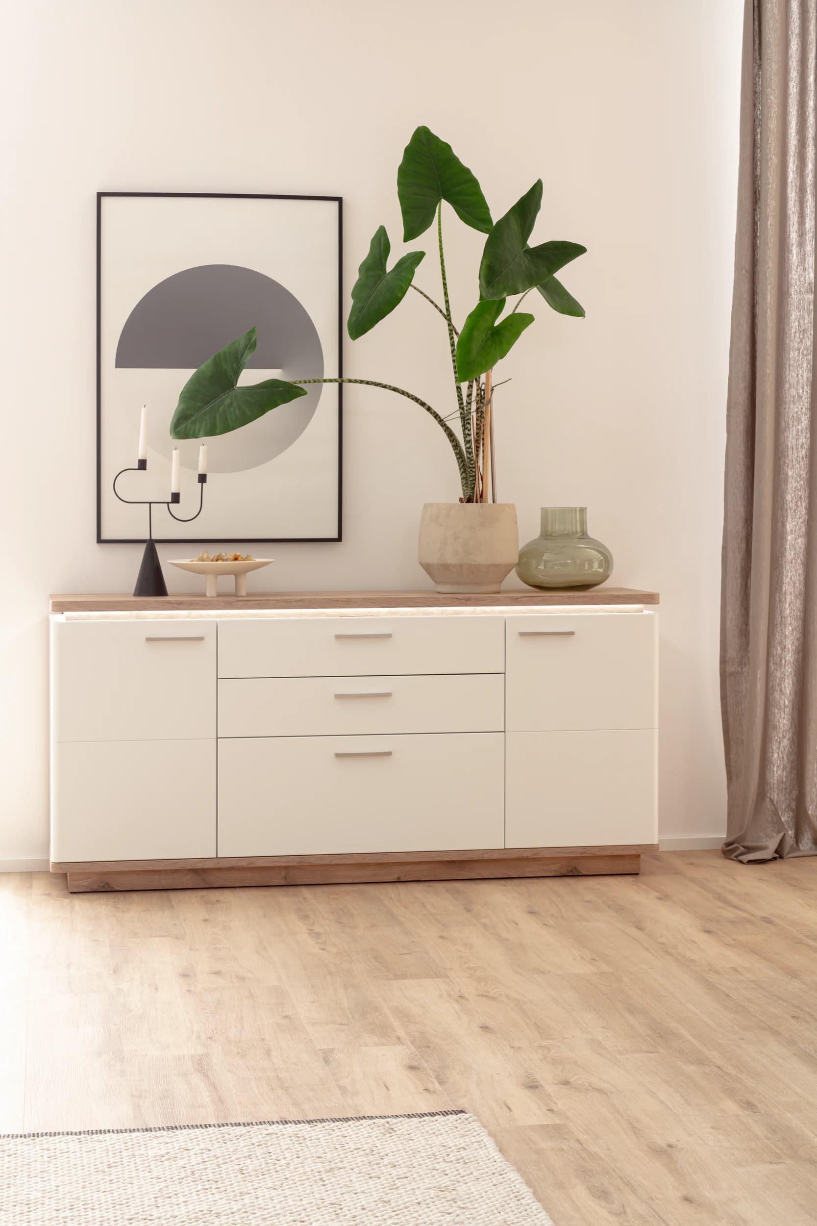 Sideboard - Weiß, Absetzung Eiche
