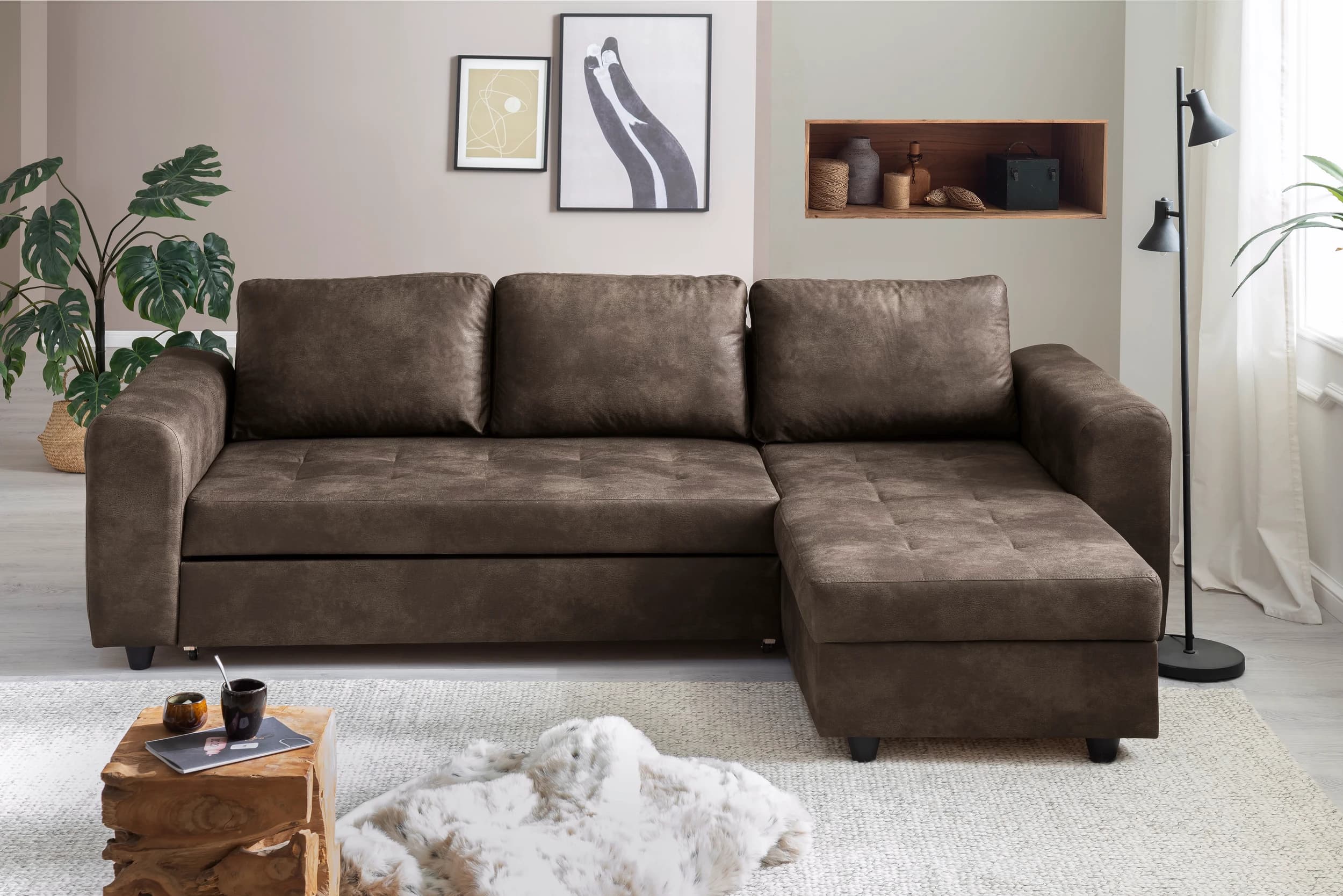 Ecksofa - 2-Sitzer, Ecke rechts, Stoff, Dunkelbraun