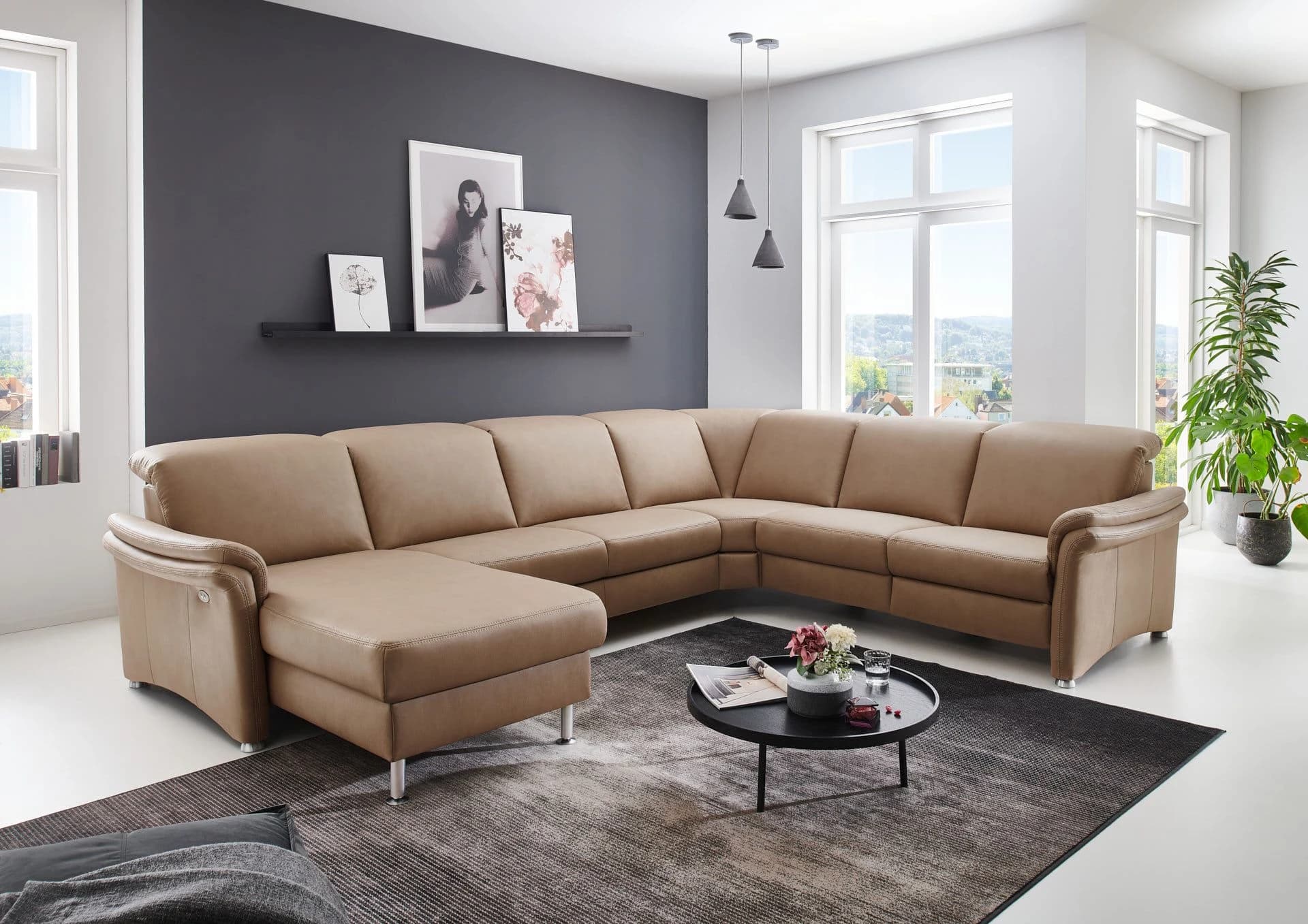 Wohnlandschaft - Longchair links mit 2,5-Sitzer und Ecke rechts, Stoff, Camel
