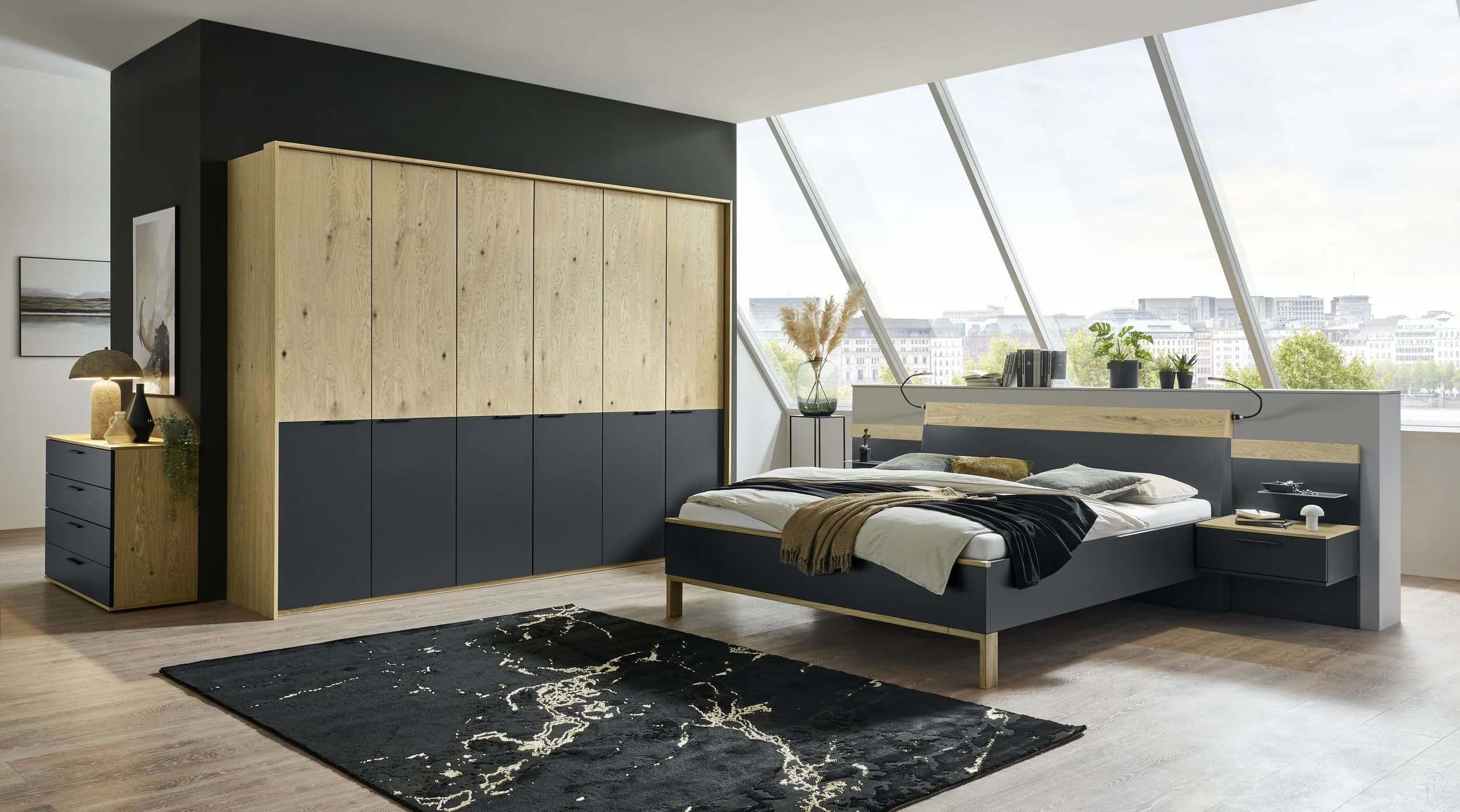 Schlafzimmer - Balkeneiche, Lack, Basalt