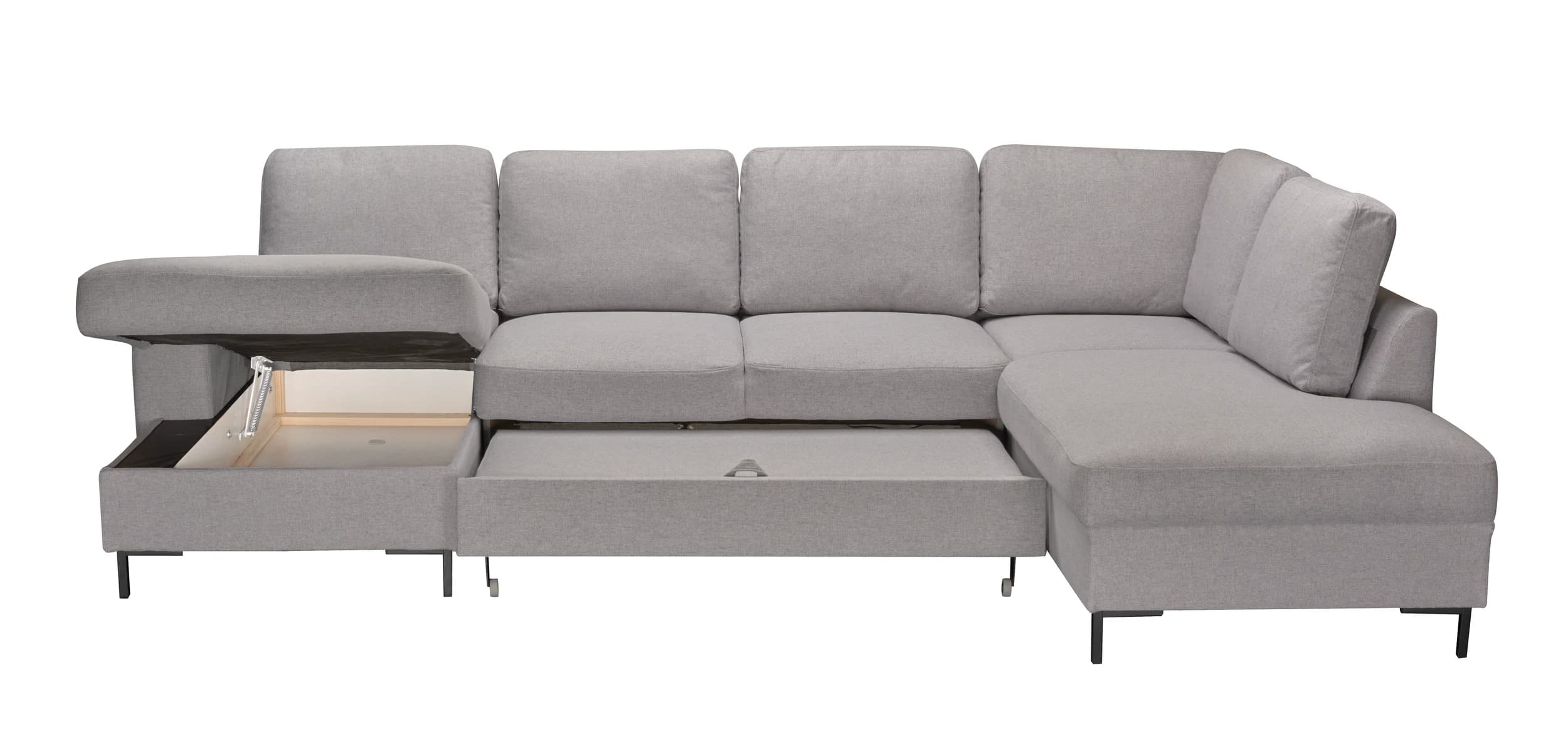Wohnlandschaft - Longchair links mit 2-Sitzer und Ecke rechts, Schlaffunktion mit Bettkasten, Stoff, Hellgrau