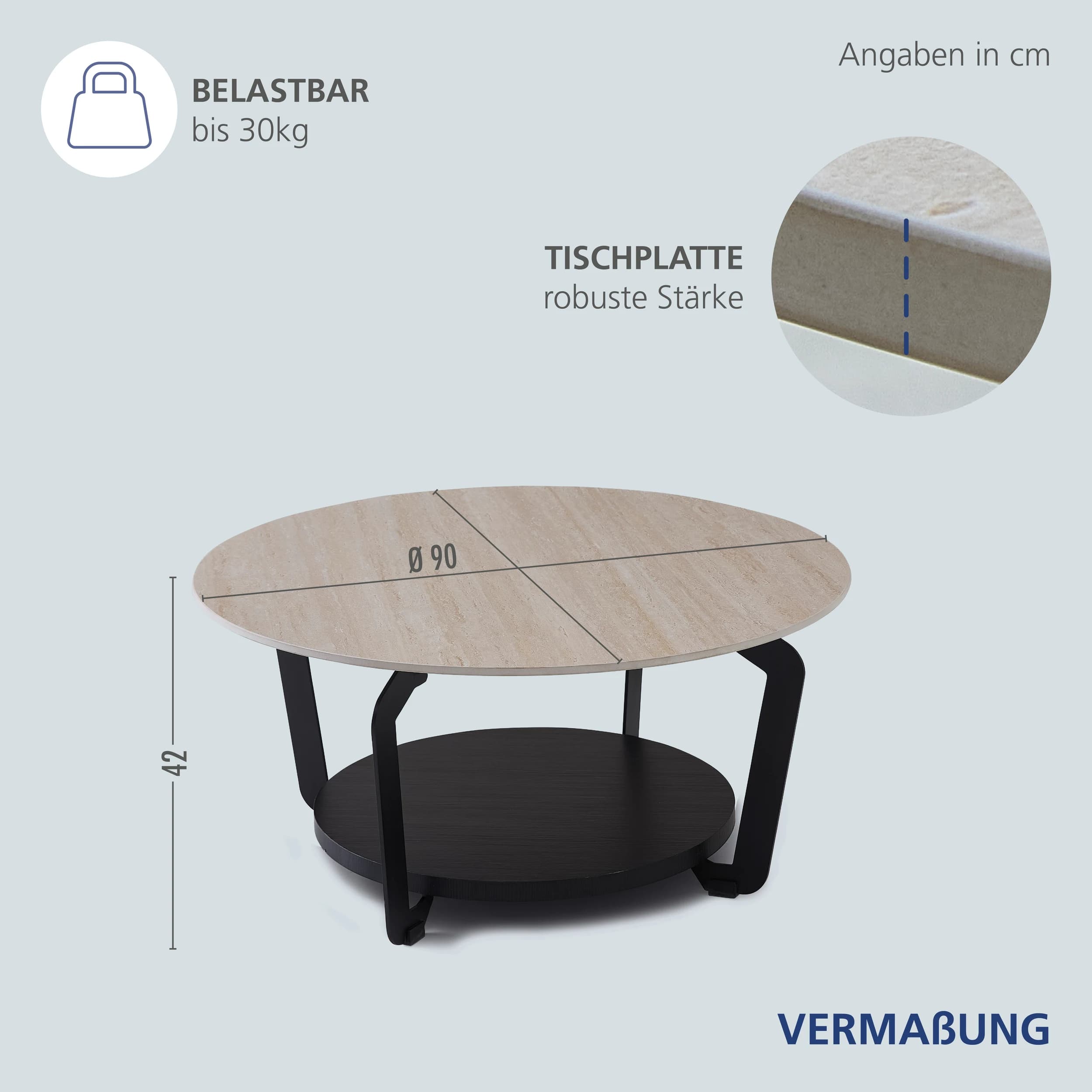 Couchtisch - Ø/H ca. 90x42 cm, Travertinoptik, Schwarz