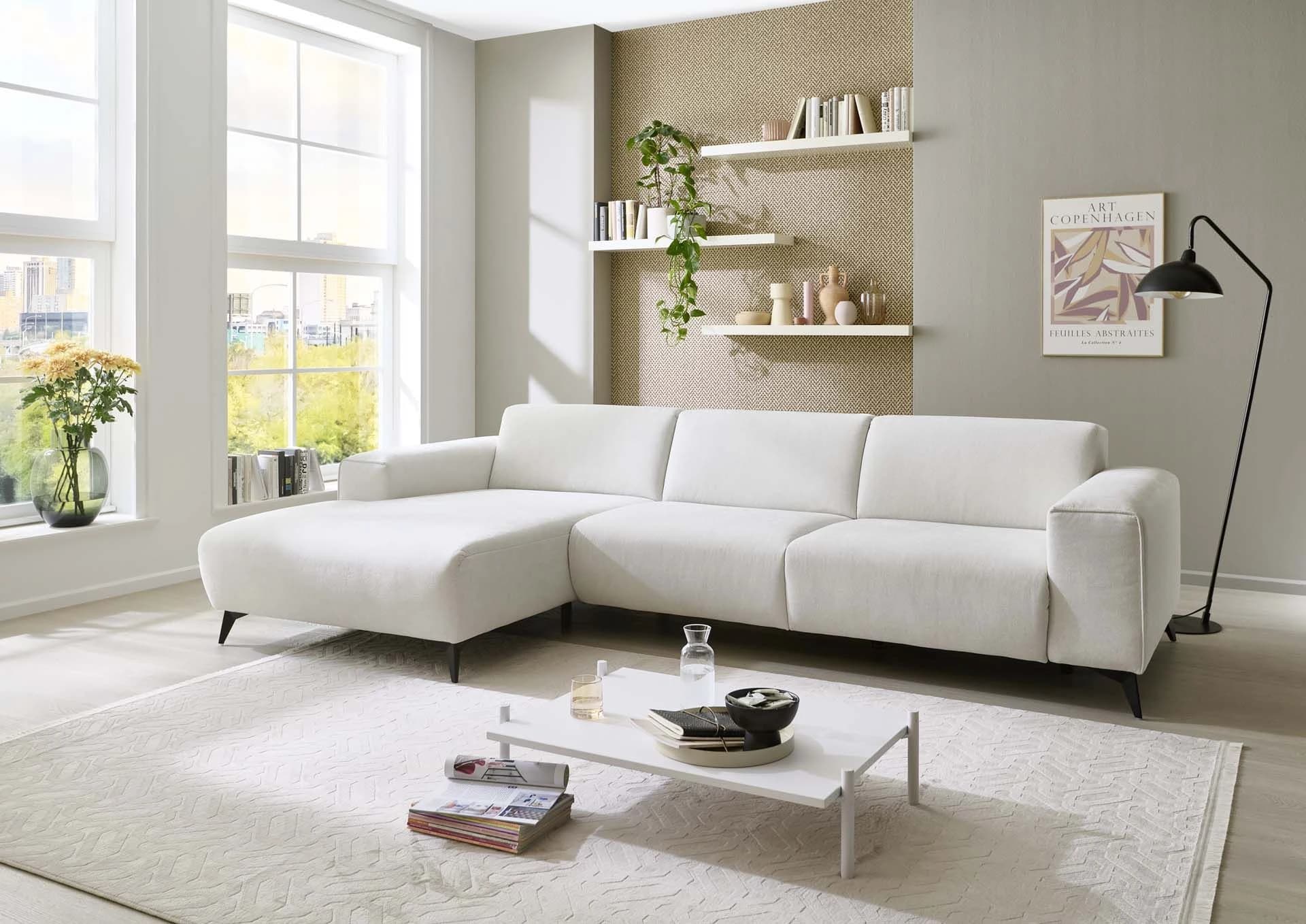 Ecksofa - Longchair links mit 3-Sitzer, Stoff, Natur