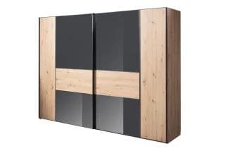 Schwebetürenschrank - mittig Anthrazitglas, B. ca. 298 cm, Dekor Artisan Eiche