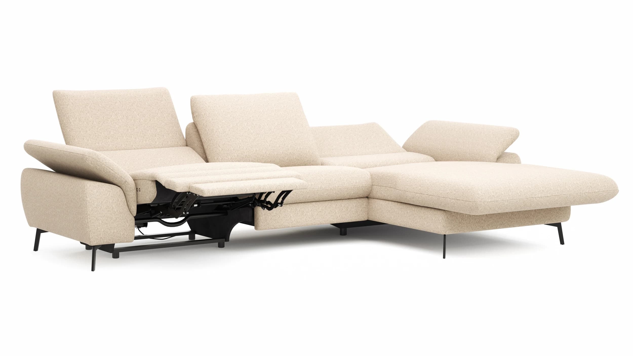 Ecksofa Gotera - 1,5-Sitzer med + 1,5-Sitzer med mit Longchair groß rechts inkl. Schlaffunktion (teilmotorisch), Armlehne klappbar, Rückenlehne verstellbar  und einmal Relaxfunktion (teilmotorisch), Stoff, Creme