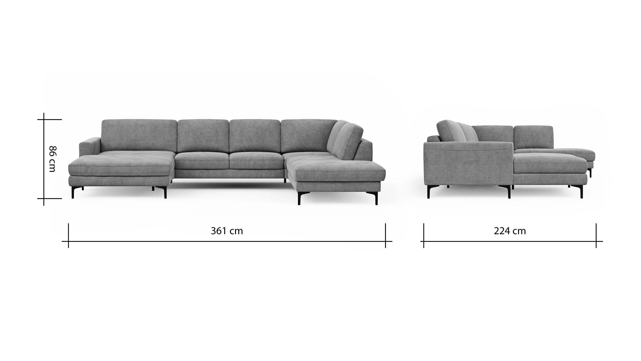 Wohnlandschaft Oviedo - Longchair links mit 2-Sitzer und Ecke rechts, Stoff, Grau