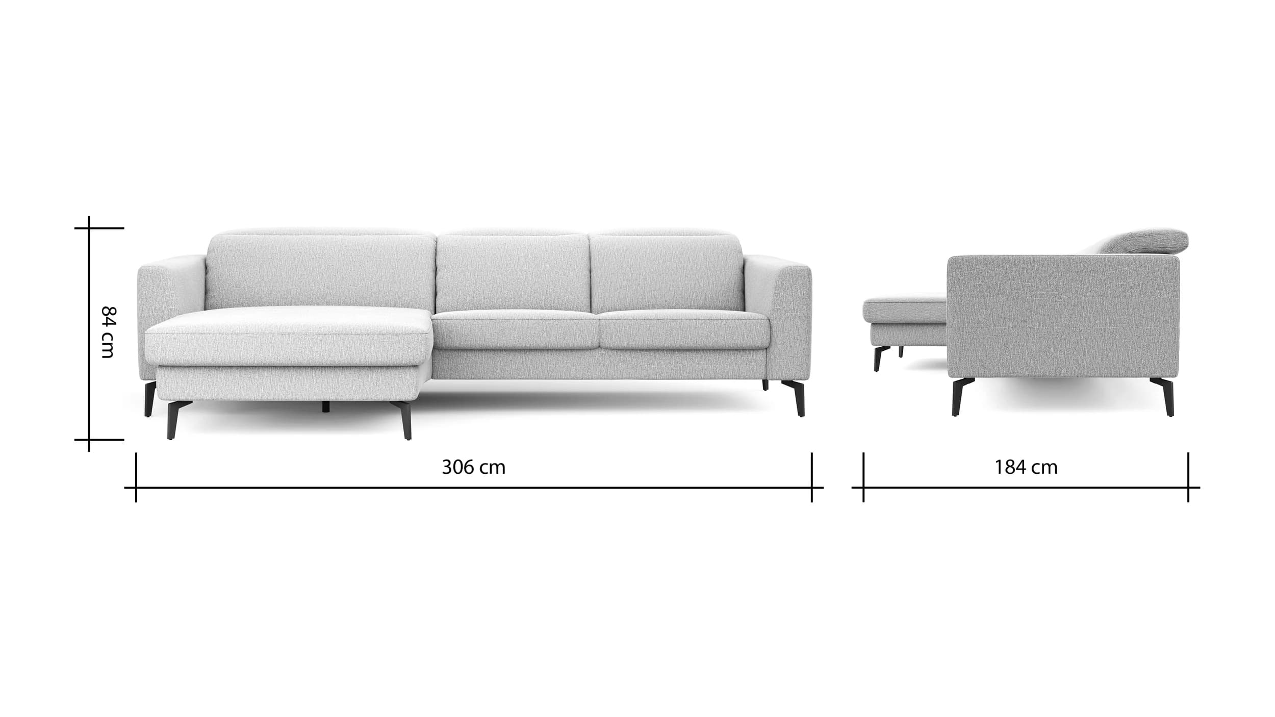 Ecksofa Rafaela 2.0 - Longchair mit 2,5-Sitzer rechts inkl. Sitzvorzug, Kopteilverstellung motorisch und Relaxfunktion motorisch im Longchair, Stoff, Champagner