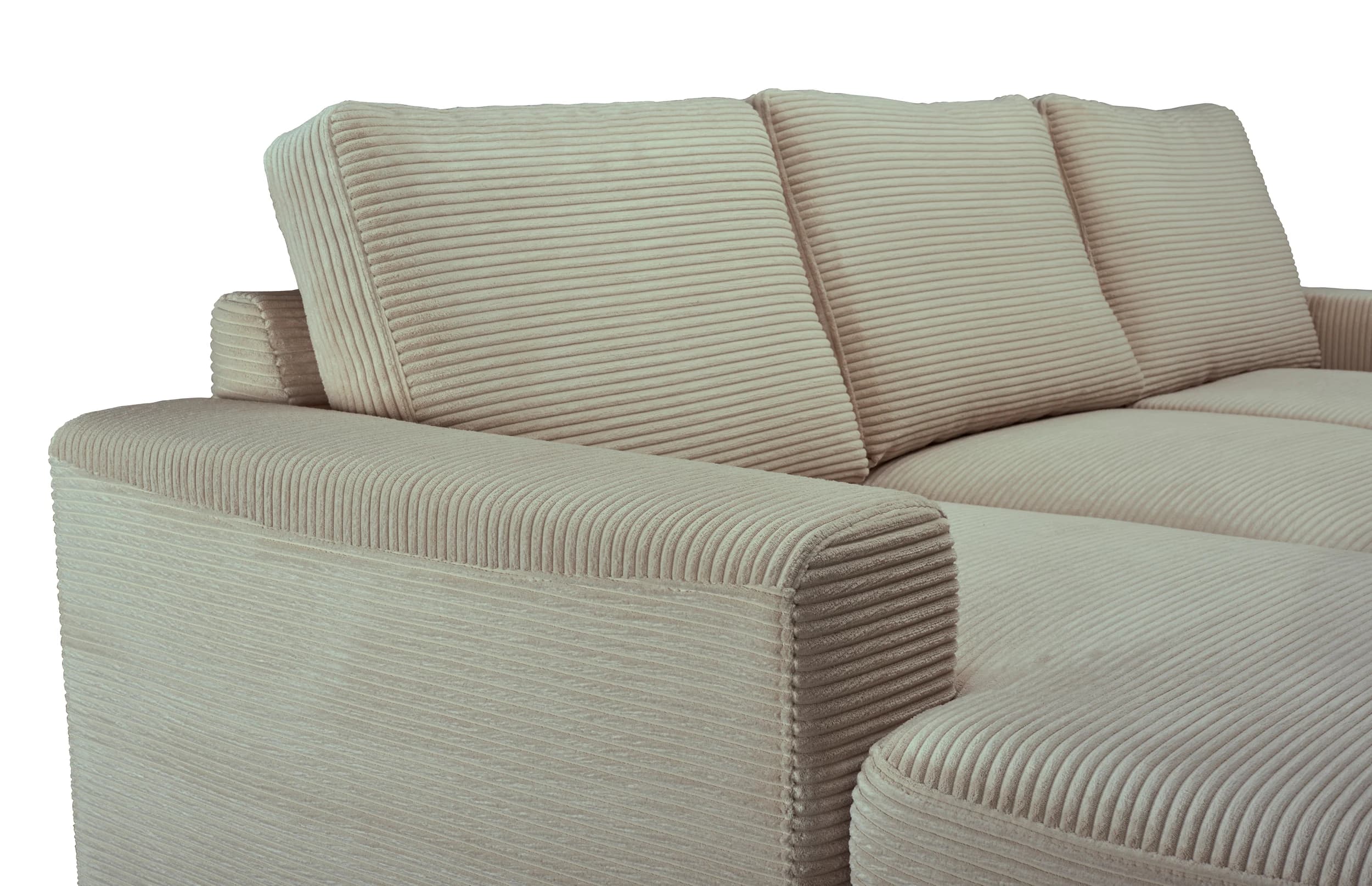 Ecksofa - Longchair links mit 2-Sitzer, Schlaffunktion mit Bettkasten, Stoff, Creme