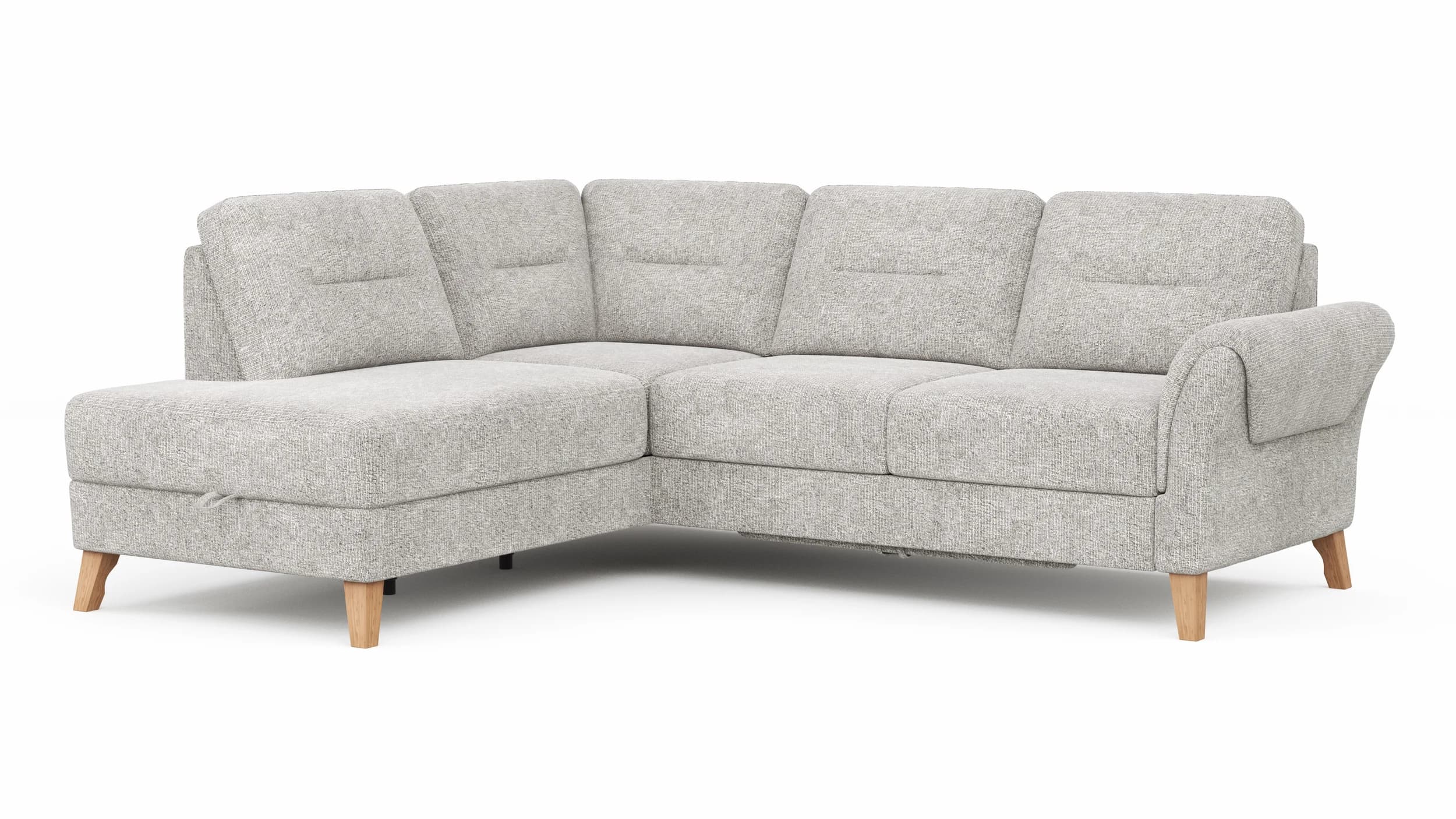 Ecksofa Almyra - Ottomane links mit 2,5-Sitzer, inkl. Schlaffunktion und Bettkasten, Stoff, Silbergrau