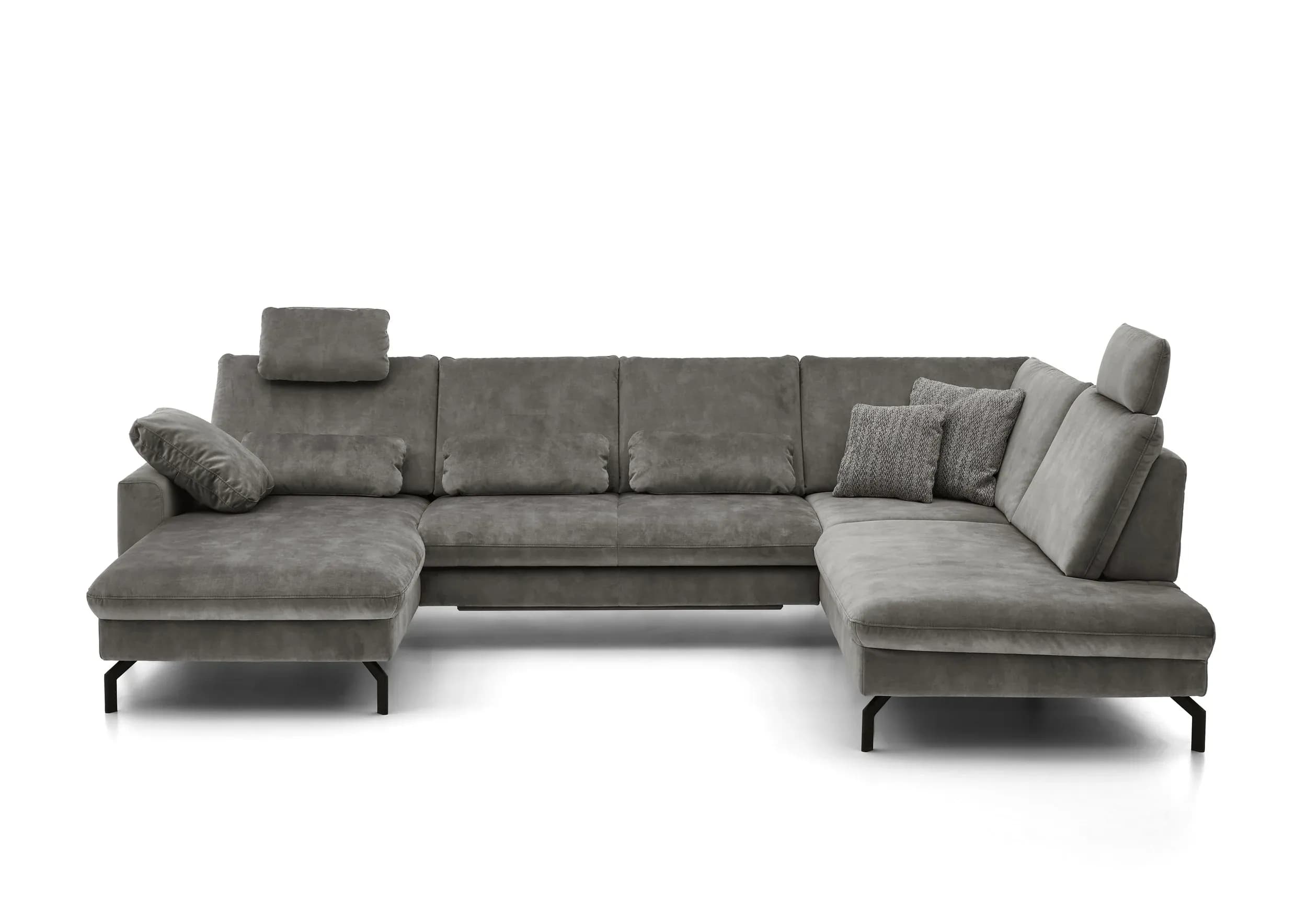 Wohnlandschaft - Longchair links, 2,5-Sitzer ohne Armlehne, Ecke rechts, Relaxfunktion (motorisch), Sitztiefe verstellbar (manuell), Sitzvorzug (manuell), Velourstoff, Silbergrau