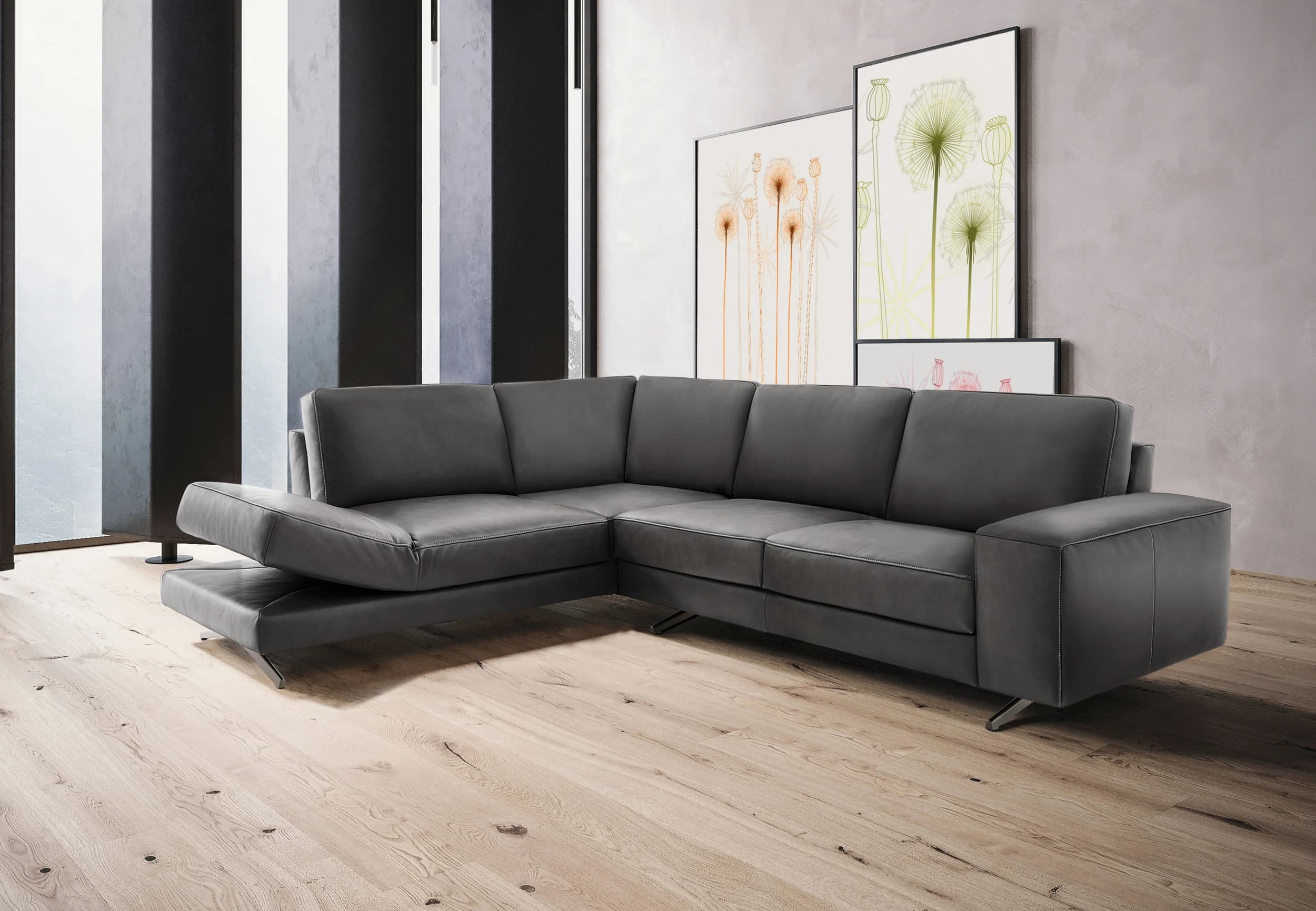 Ecksofa - Ecke links mit 2-Sitzer, Drehsitz, Leder, Anthrazit