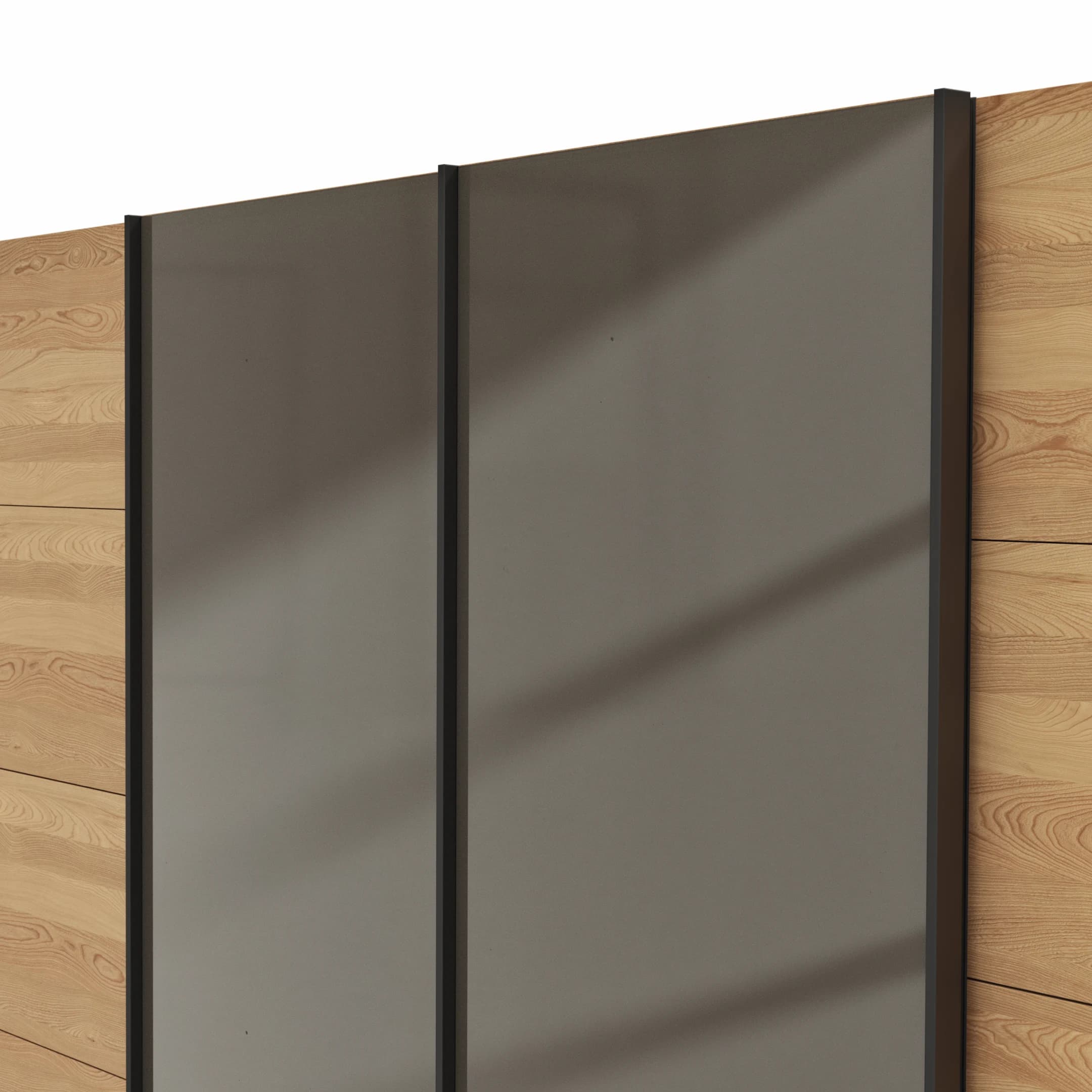 Schwebetürenschrank Lenoso - B. ca. 330 cm, Eiche massiv, Glas, Graubraun