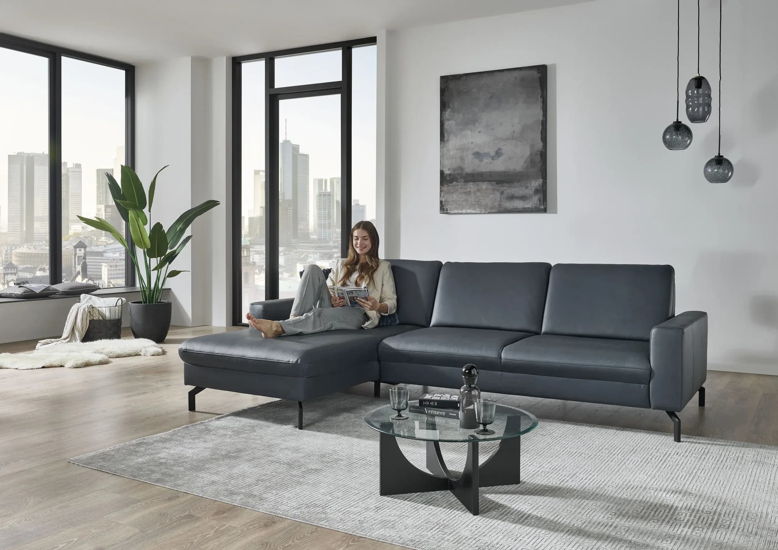 Ecksofa - Longchair links mit 3-Sitzer, Leder, Blau