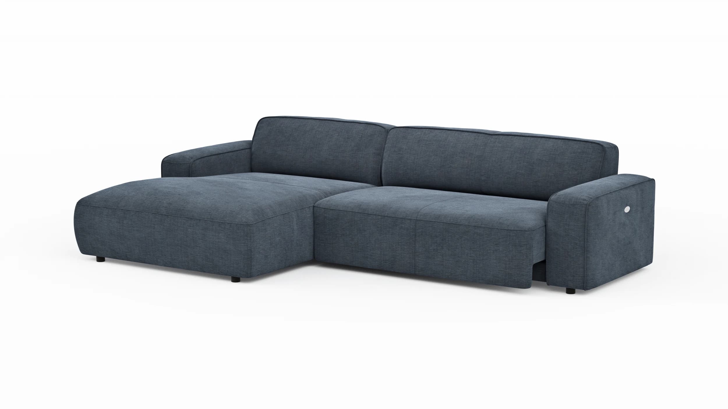 Ecksofa Denver - Longchair links mit 2,5-Sitzer, inkl. Sitzvorzug (motorisch), Stoff, Blau