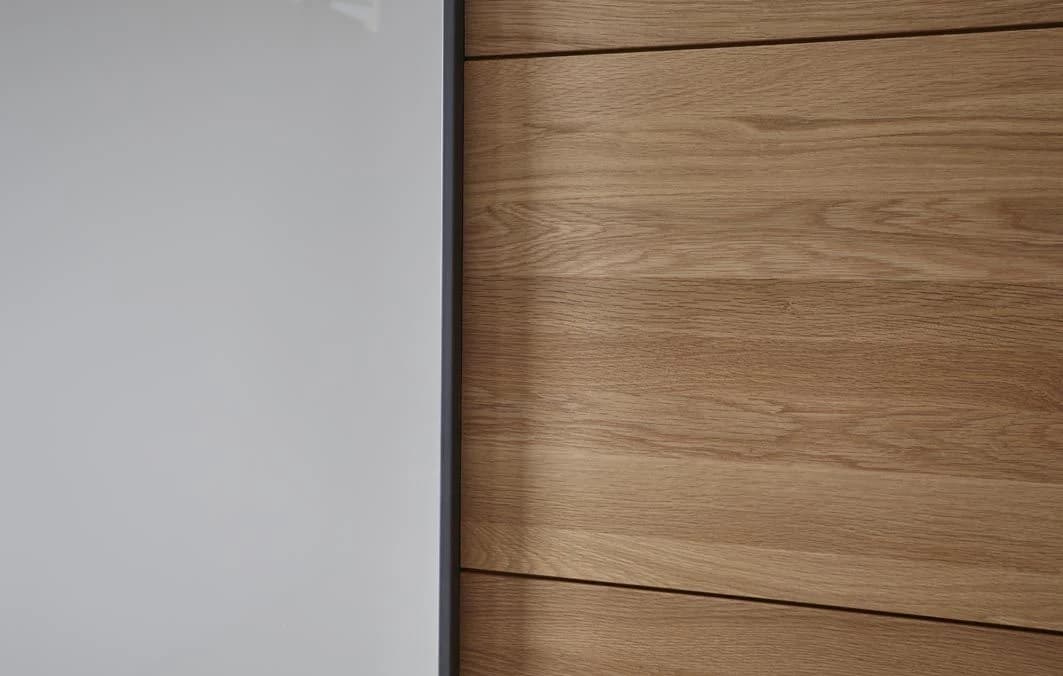 Schwebetürenschrank Lenoso -  B. ca. 260 cm, Eiche massiv, Glas, Champagner