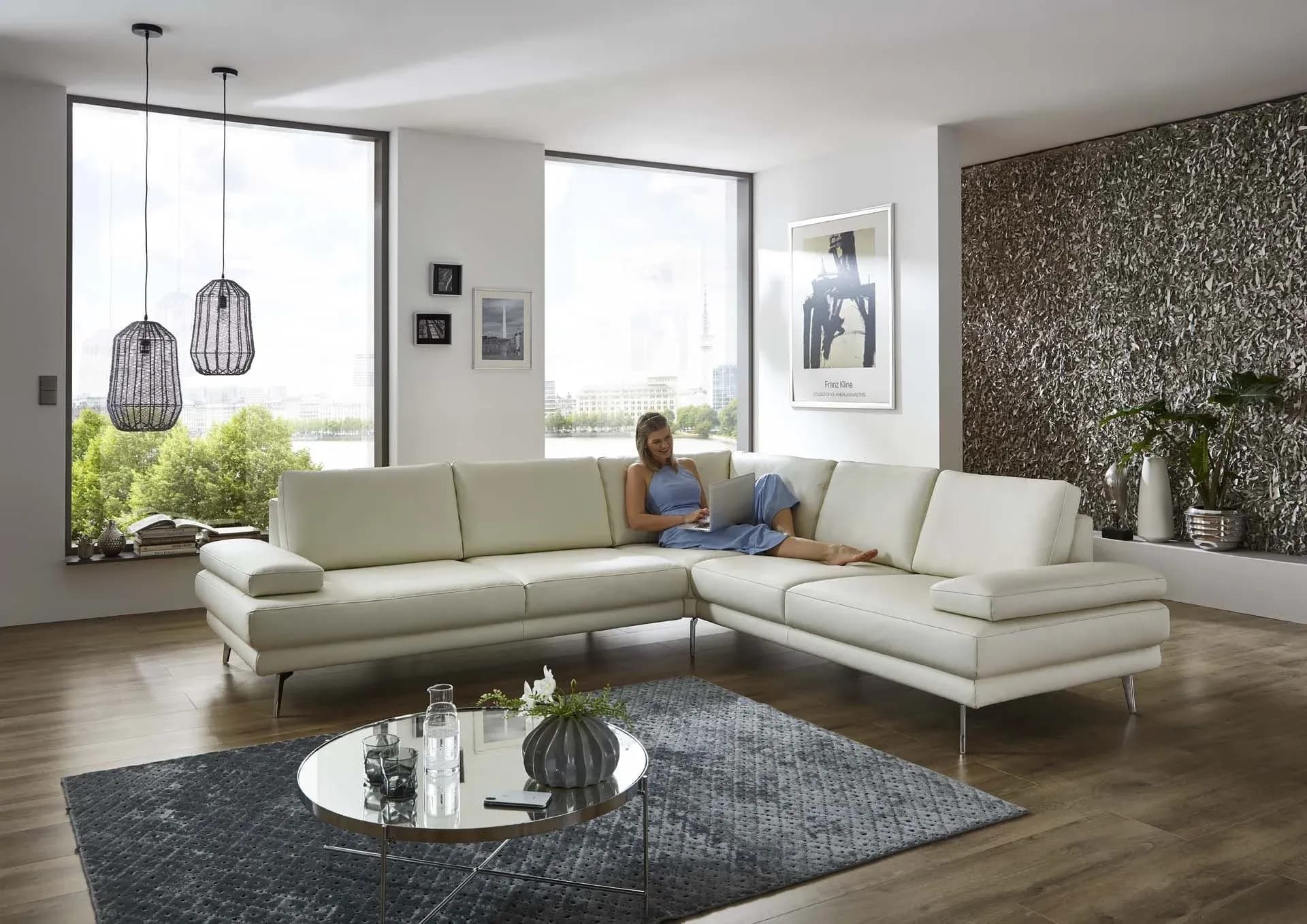 Ecksofa - 3-Sitzer mit Ecke rechts, Leder, Weiß