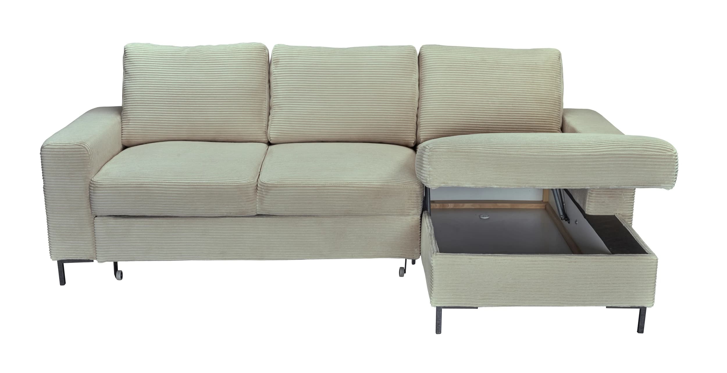 Ecksofa - 2-Sitzer mit Longchair rechts, Schlaffunktion mit Bettkasten, Stoff, Creme