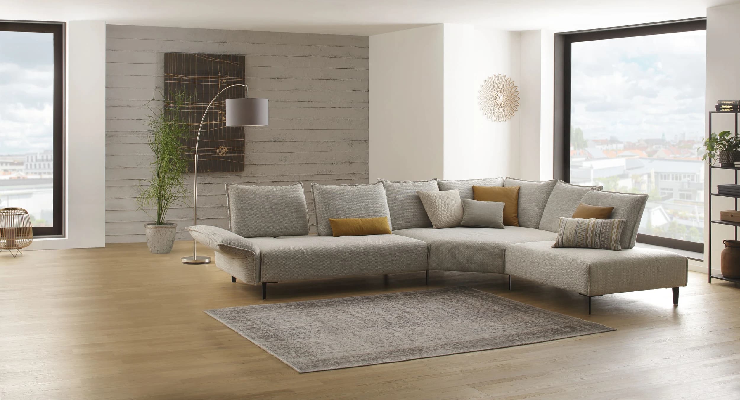 Ecksofa - 2-Sitzer mit Ecke rechts, Sitztiefe verstellbar, Stoff, Hellgrau
