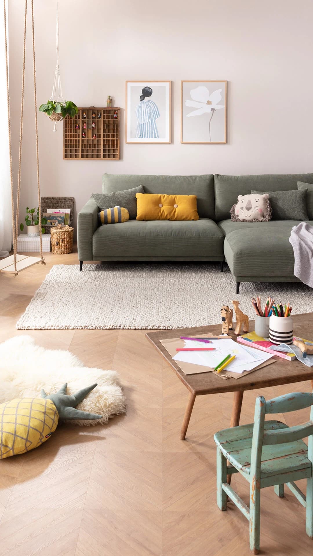 Ecksofa Solero 2.0 - Longchair groß mit 1,5-Sitzer rechts, Stoff, Olivgrün