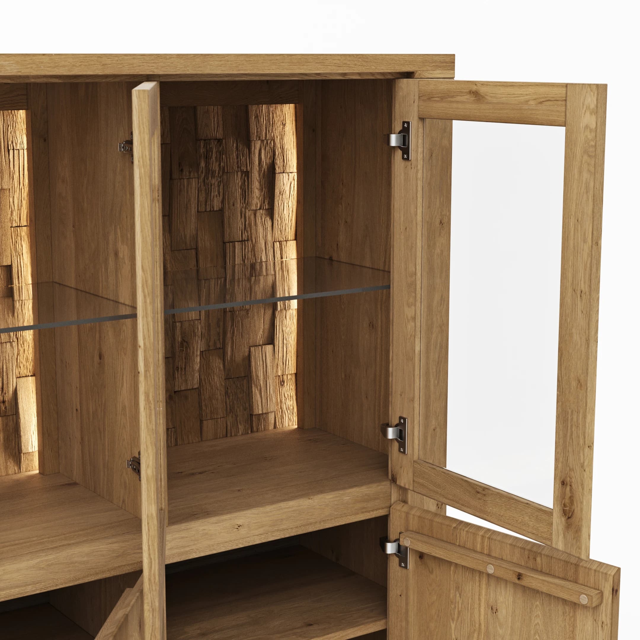 Highboard Bakersfield - inkl. Beleuchtung, Rückwand mit Holzschindeln, Asteiche massiv, geölt