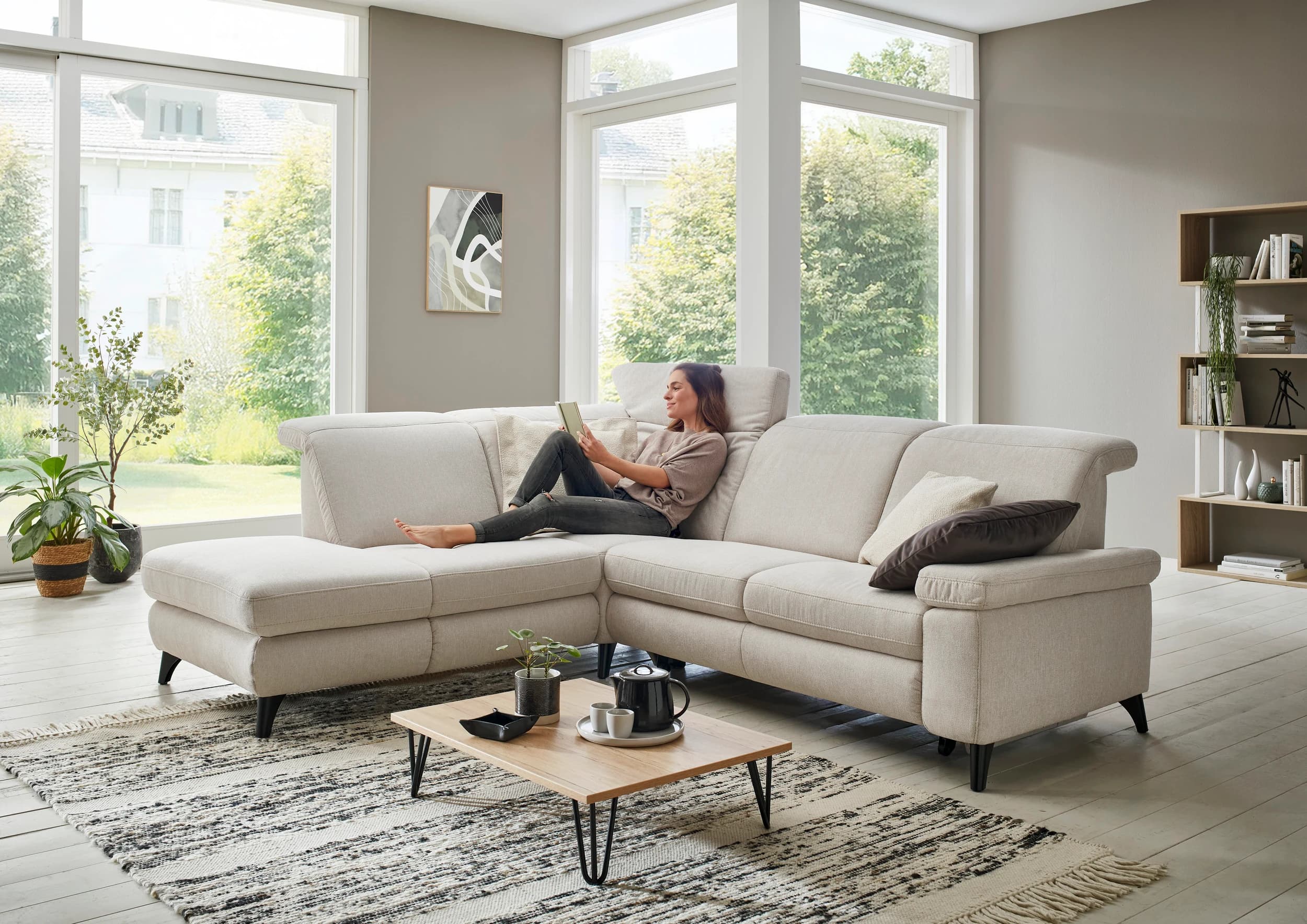Ecksofa - Ecke links mit 2-Sitzer, Stoff, Beige