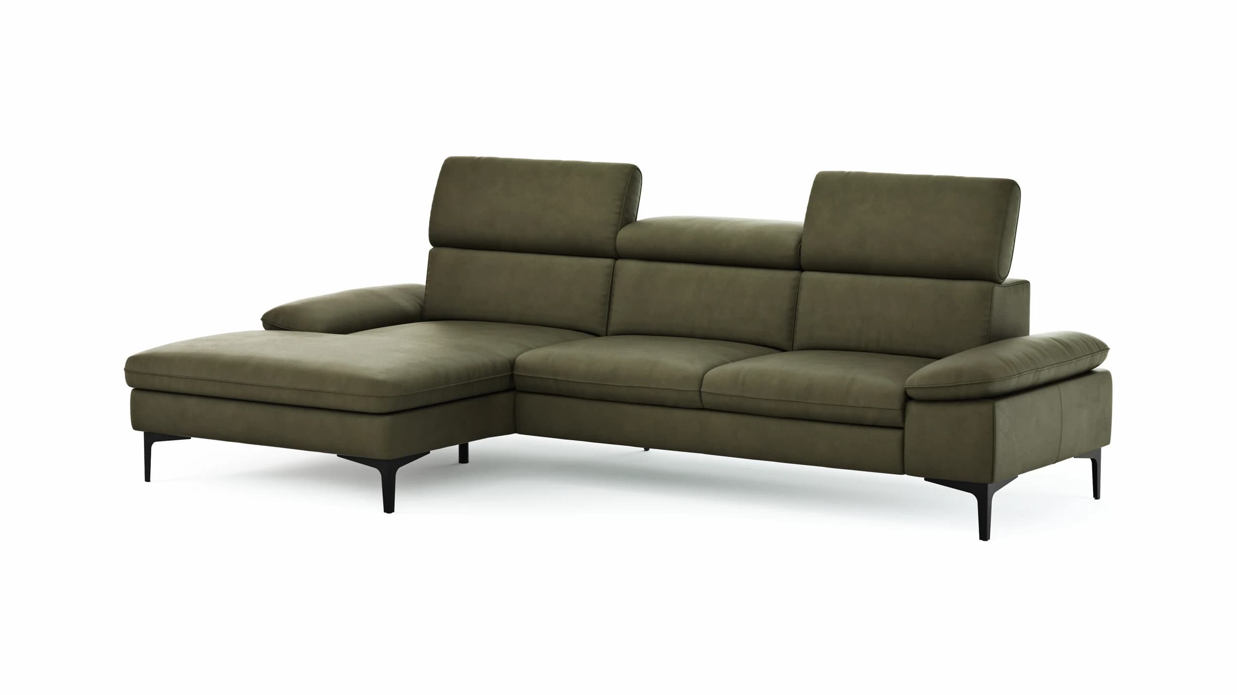 Ecksofa Felipa - Longchair links mit 2,5-Sitzer inkl. Kopfteil verstellbar, Leder, Olive
