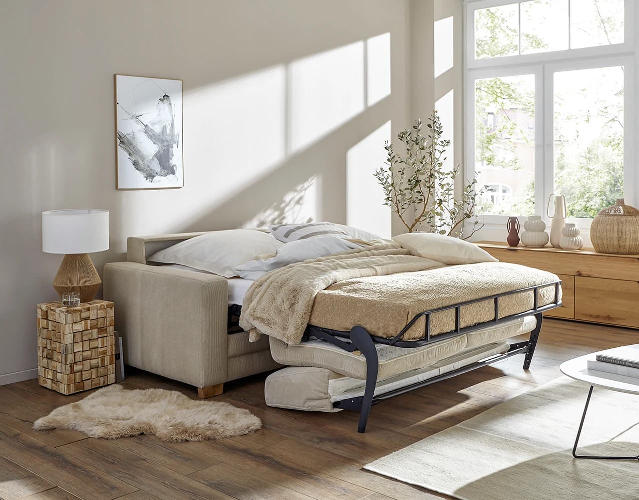 Sofa Lakeville 1 - 2-Sitzer inkl. Schlaffunktion, Gestell Schwarz, Stoff, Beige