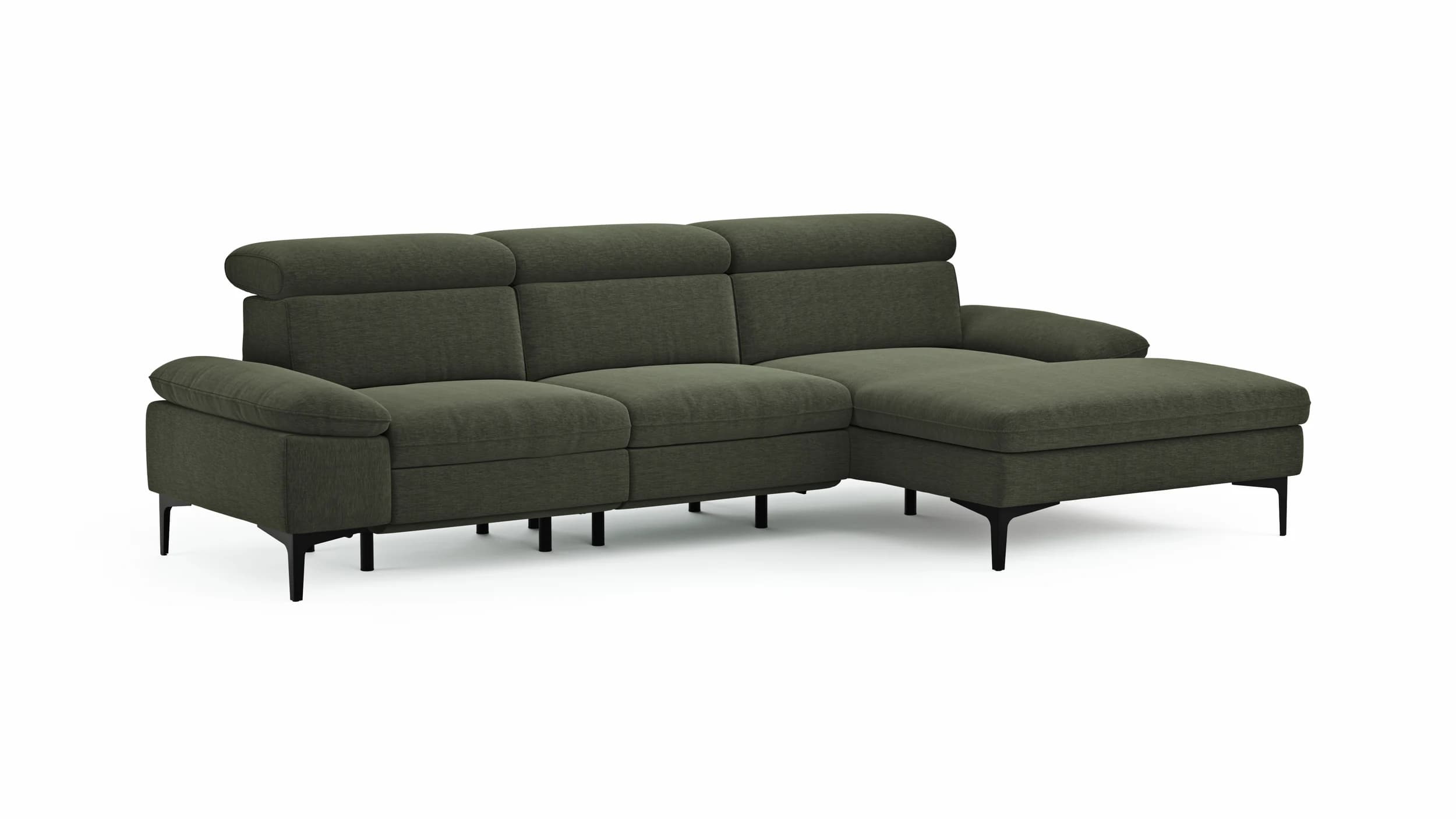 Ecksofa Felipa - 2,5-Sitzer mit Longchair rechts inkl. Armlehne verstellbar und Rückenlehne/Sitztiefe verstellbar (motorisch), Stoff, Dunkelgrün
