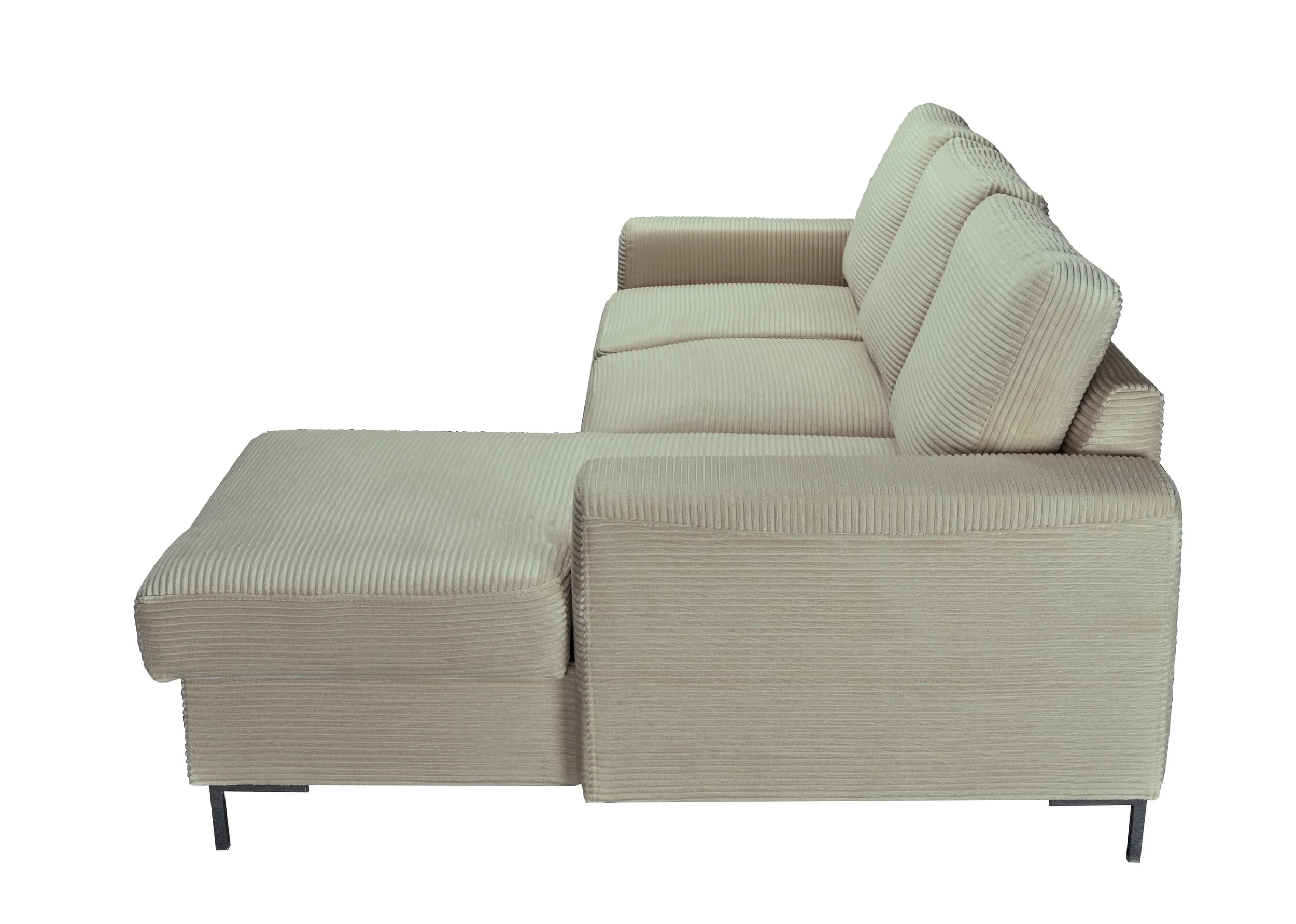 Ecksofa - 2-Sitzer mit Longchair rechts, Schlaffunktion mit Bettkasten, Stoff, Creme