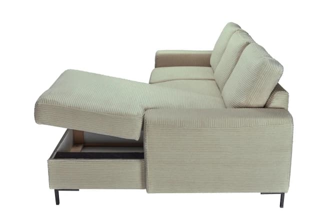 Ecksofa - 2-Sitzer mit Longchair rechts, Schlaffunktion mit Bettkasten, Stoff, Creme