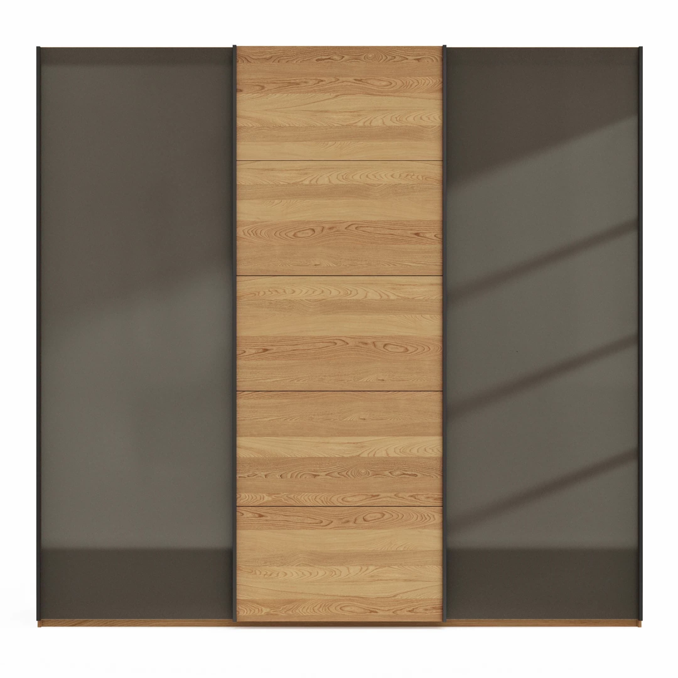 Schwebetürenschrank Lenoso - B. ca. 250 cm, Eiche massiv, Glas Dunkelbraun
