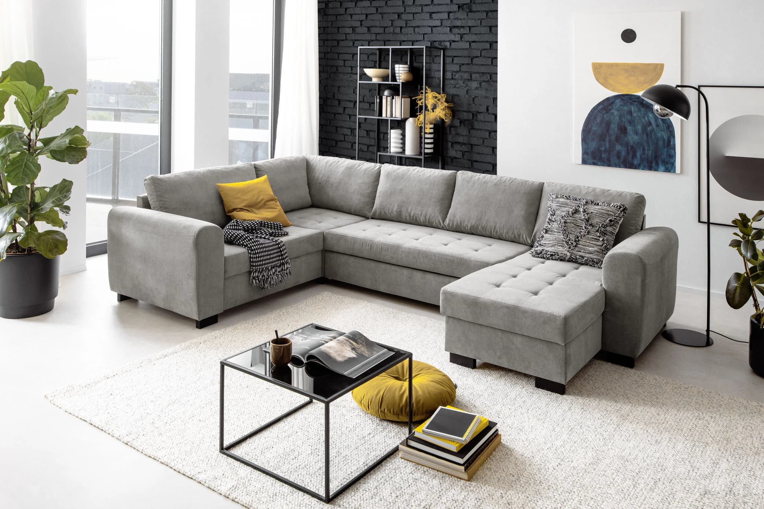 Wohnlandschaft - Ecke rechts, 2-Sitzer, Longchair links, Stoff, Grau