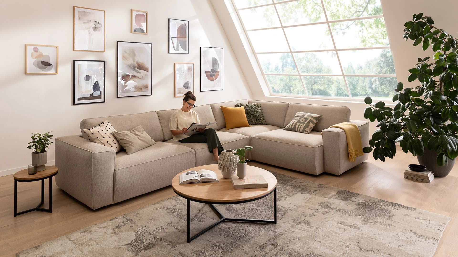 Ecksofa Lilaia - 3-Sitzer XL links, Ecke mit 1,5-Sitzer XL Tief, Stoff, Kaschmir
