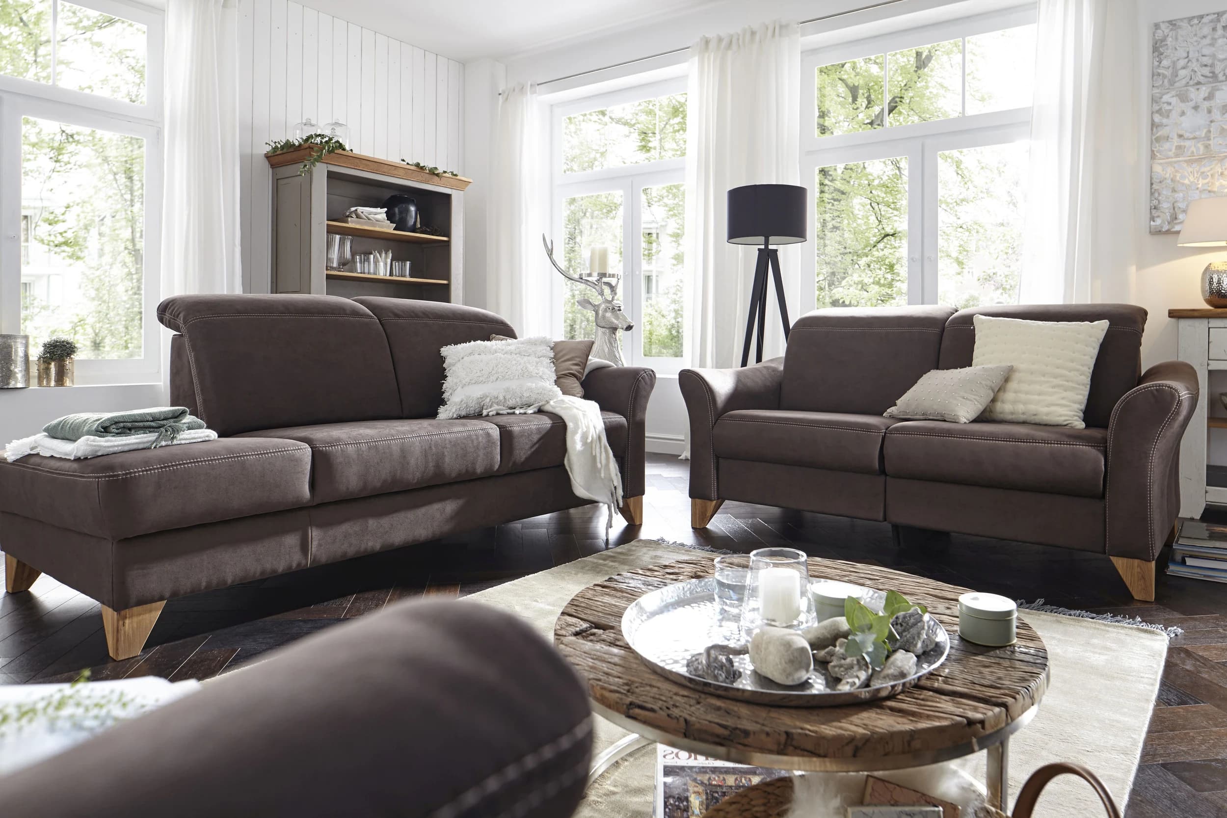 Sofa Canterbury - Recamiere rechts, inkl. Kopfteil verstellbar und Sitzvorzug (motorisch), Stoff, Dunkelbraun